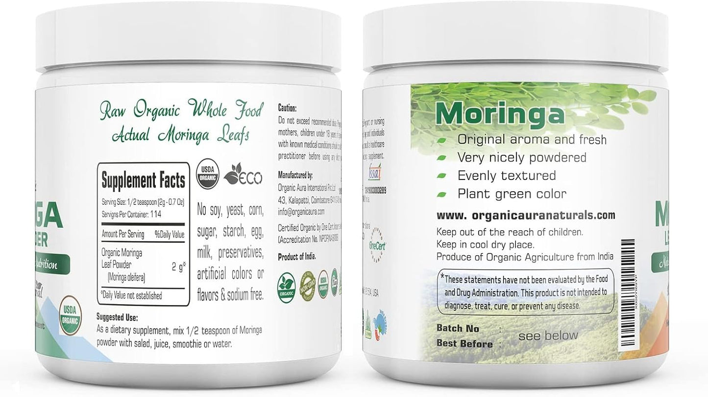 8oz Organic Aura International Moringa Leaf Powder - USDA Certified Organic Superfood for Energy, Metabolism & Immunity. Gluten Free & Non-GMO.