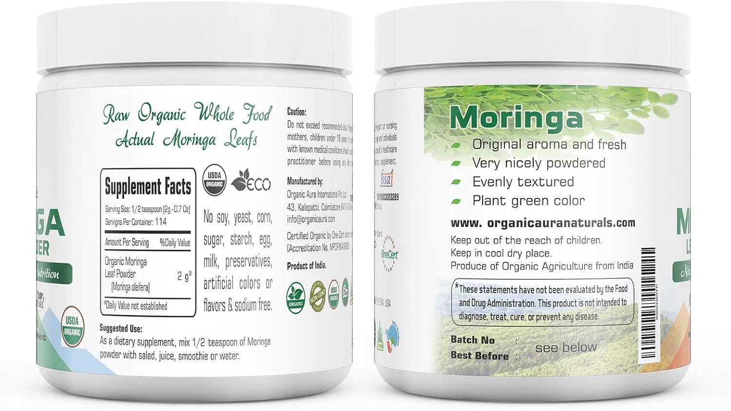 8oz Organic Aura International Moringa Leaf Powder - USDA Certified Organic Superfood for Energy, Metabolism & Immunity. Gluten Free & Non-GMO.