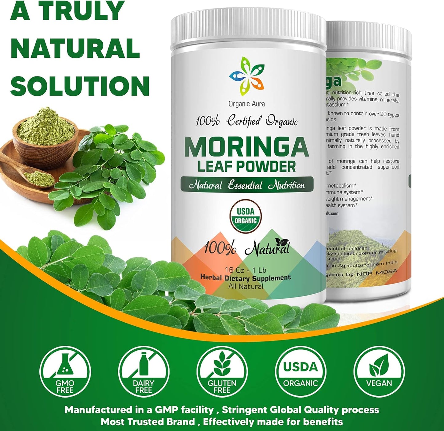 8oz Organic Aura International Moringa Leaf Powder - USDA Certified Organic Superfood for Energy, Metabolism & Immunity. Gluten Free & Non-GMO.
