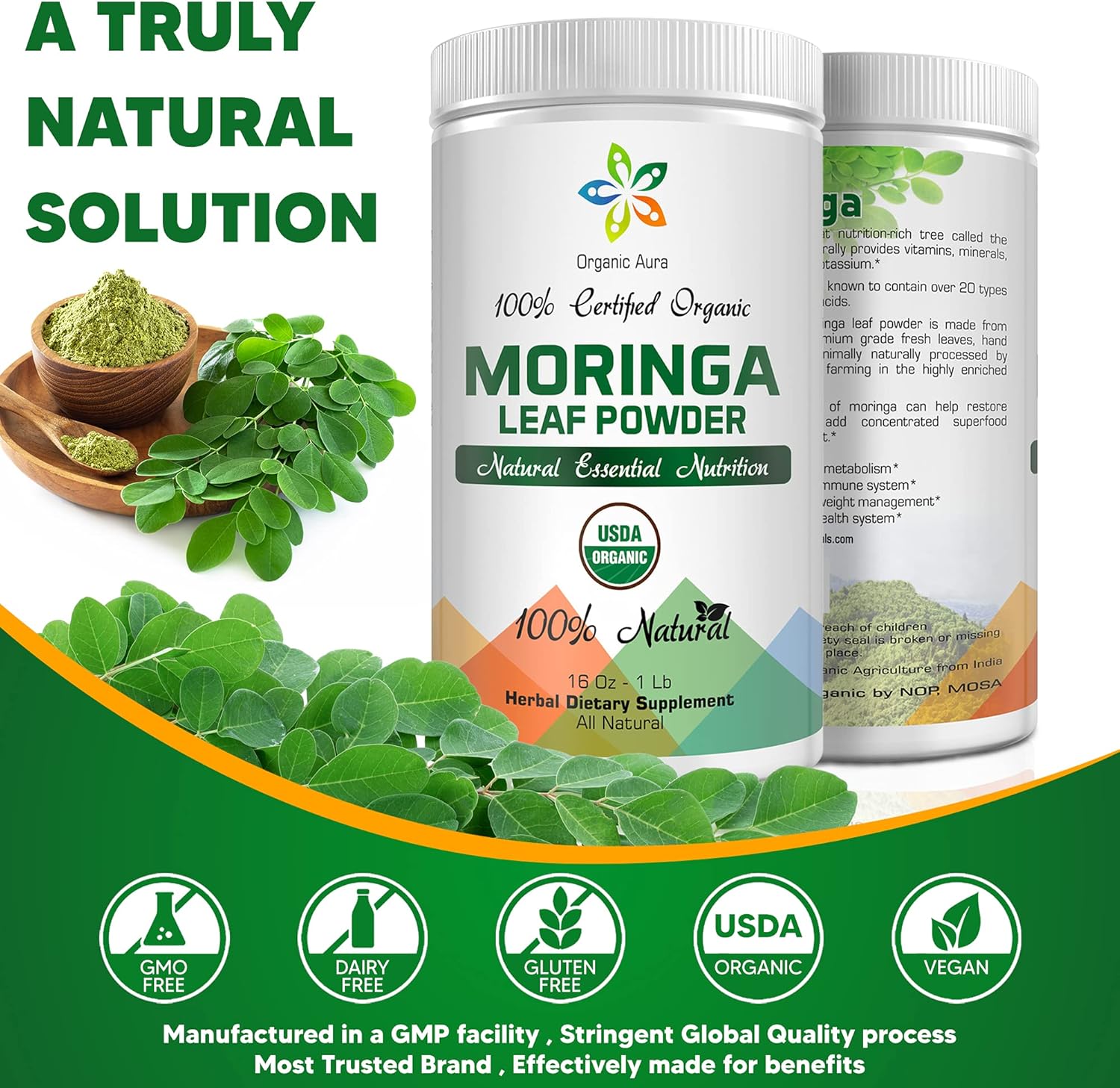 8oz Organic Aura International Moringa Leaf Powder - USDA Certified Organic Superfood for Energy, Metabolism & Immunity. Gluten Free & Non-GMO.