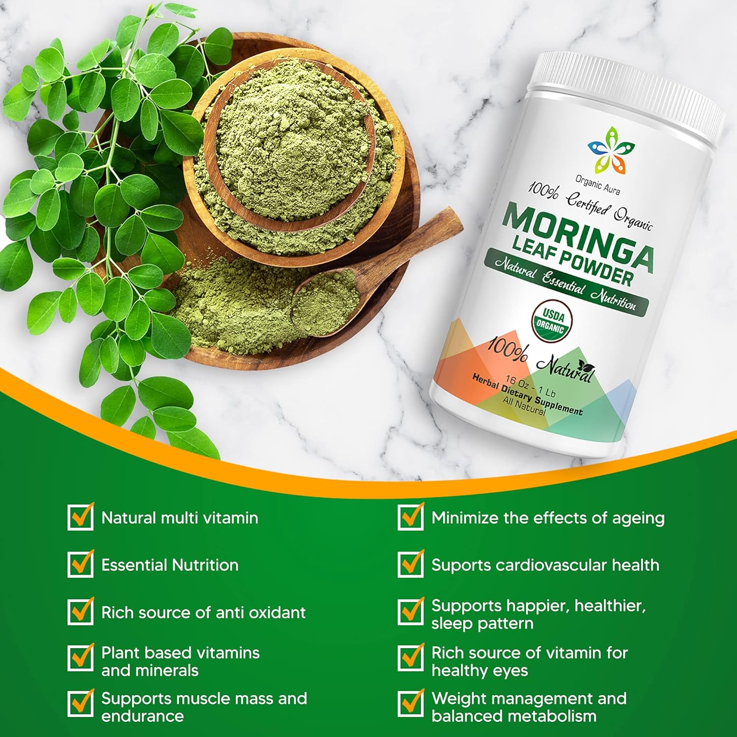 8oz Organic Aura International Moringa Leaf Powder - USDA Certified Organic Superfood for Energy, Metabolism & Immunity. Gluten Free & Non-GMO.
