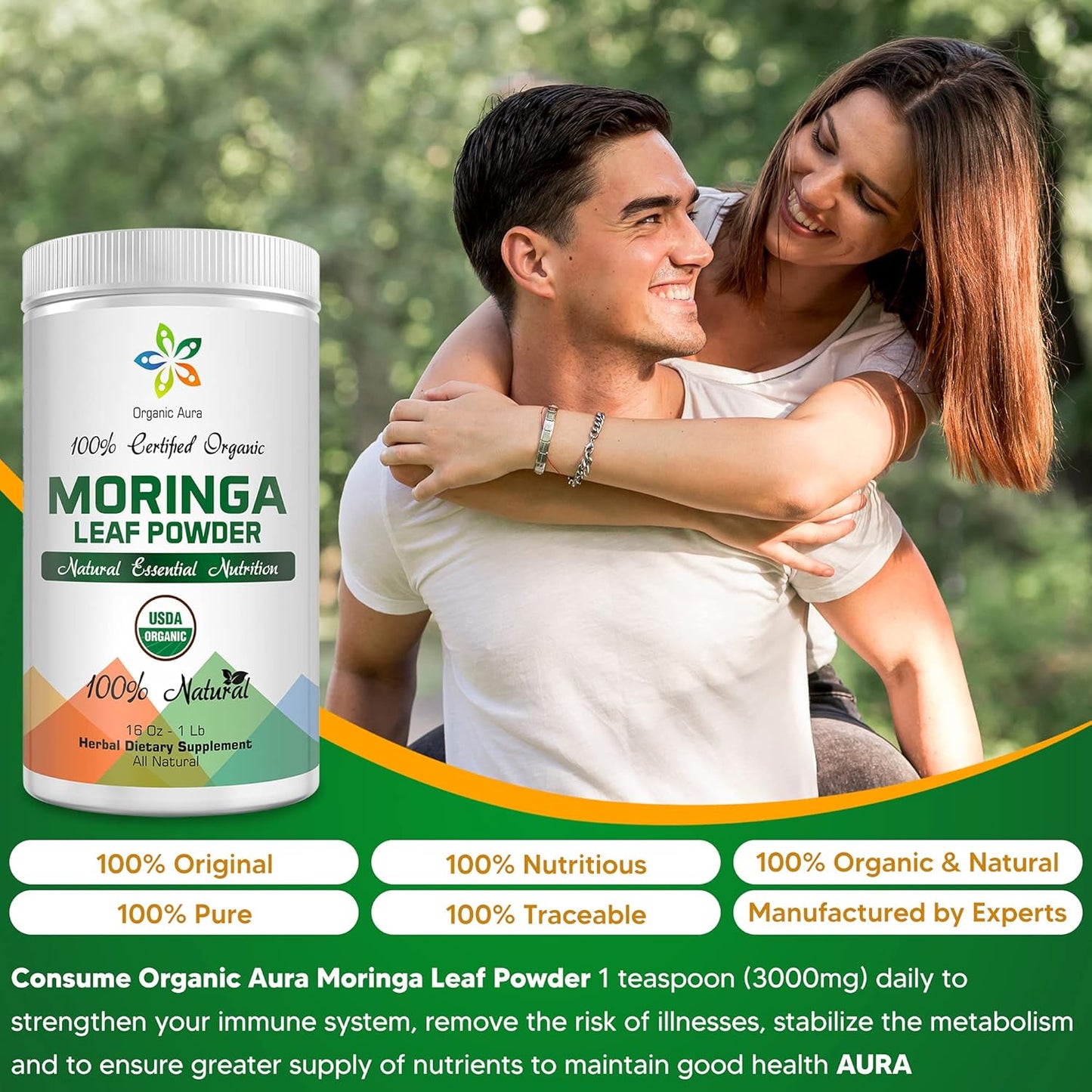 8oz Organic Aura International Moringa Leaf Powder - USDA Certified Organic Superfood for Energy, Metabolism & Immunity. Gluten Free & Non-GMO.