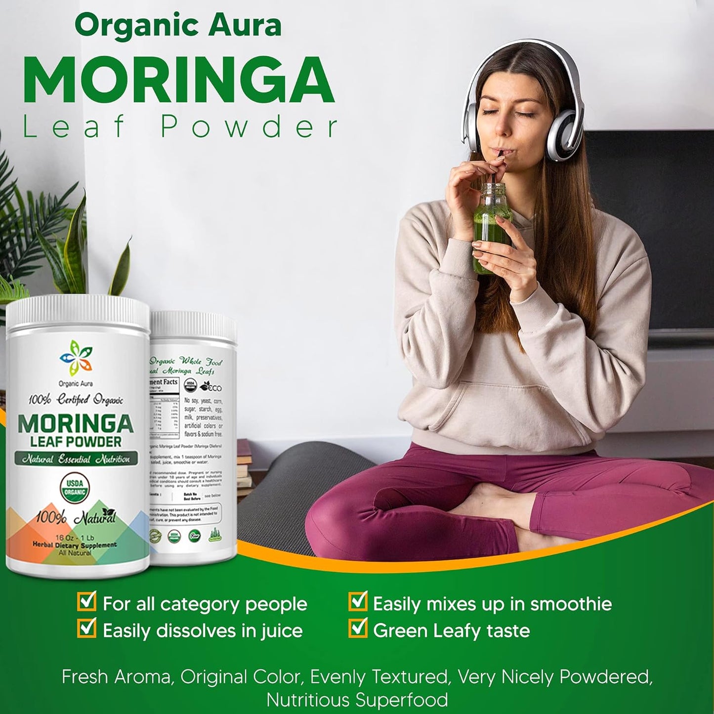 8oz Organic Aura International Moringa Leaf Powder - USDA Certified Organic Superfood for Energy, Metabolism & Immunity. Gluten Free & Non-GMO.