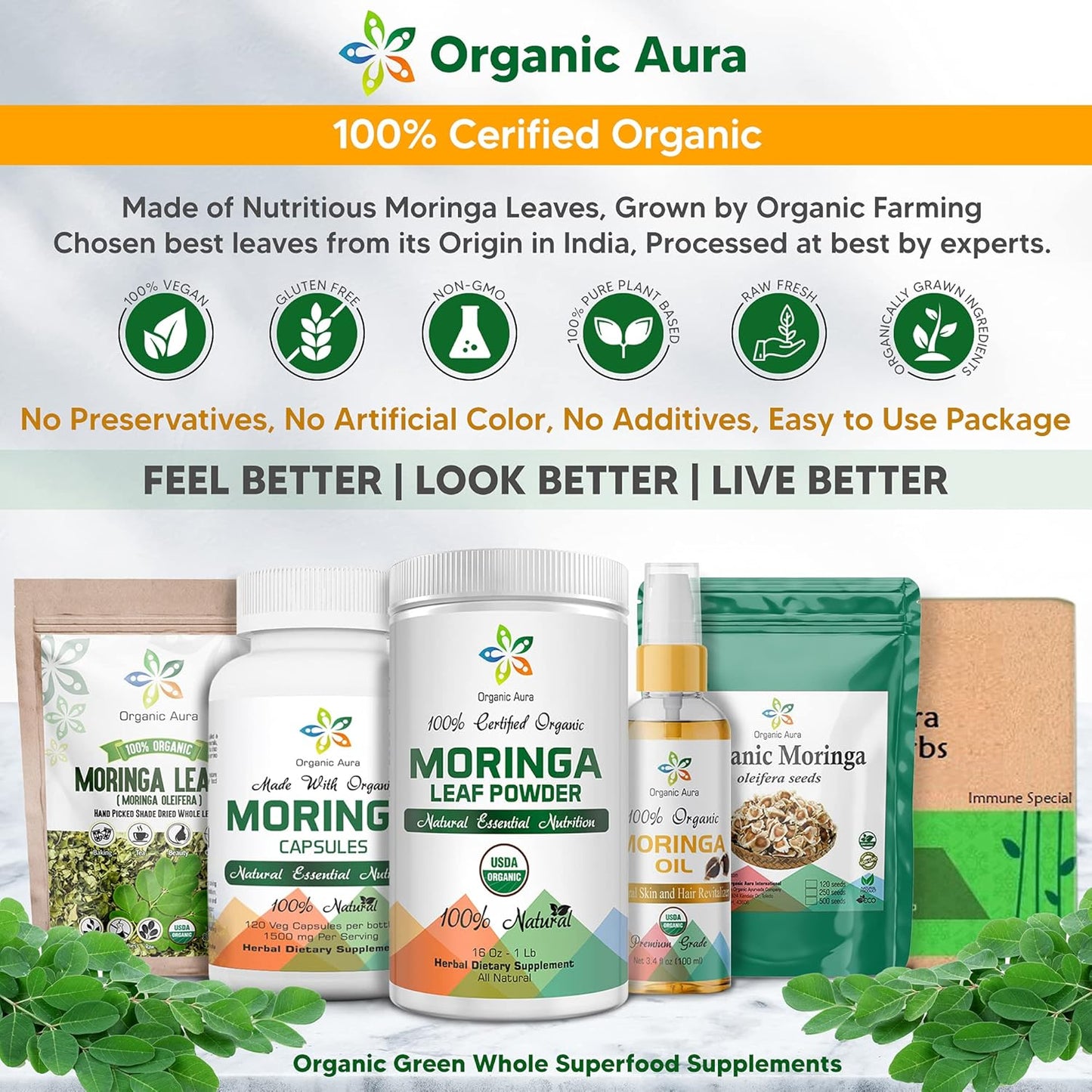 8oz Organic Aura International Moringa Leaf Powder - USDA Certified Organic Superfood for Energy, Metabolism & Immunity. Gluten Free & Non-GMO.