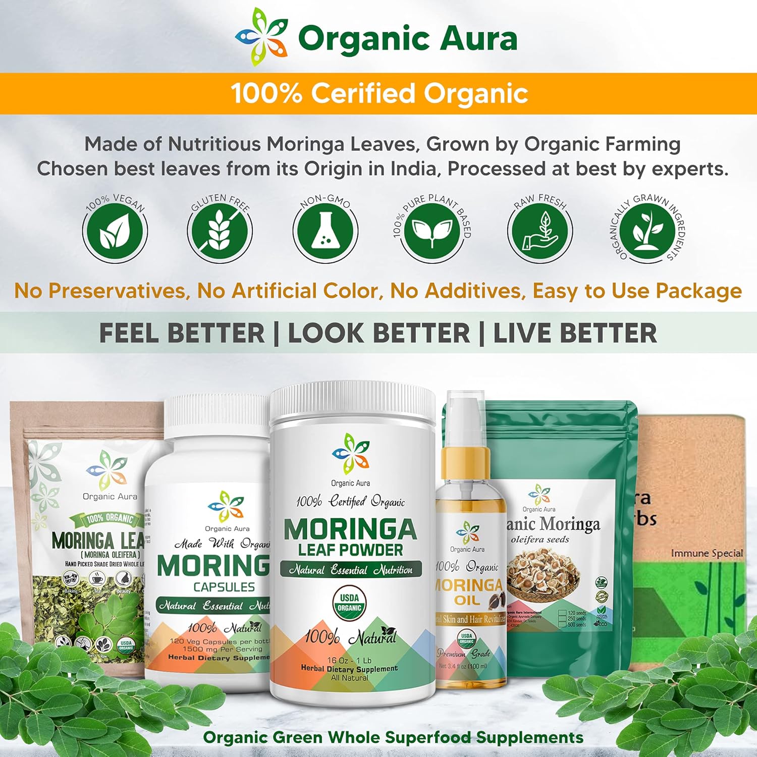 8oz Organic Aura International Moringa Leaf Powder - USDA Certified Organic Superfood for Energy, Metabolism & Immunity. Gluten Free & Non-GMO.