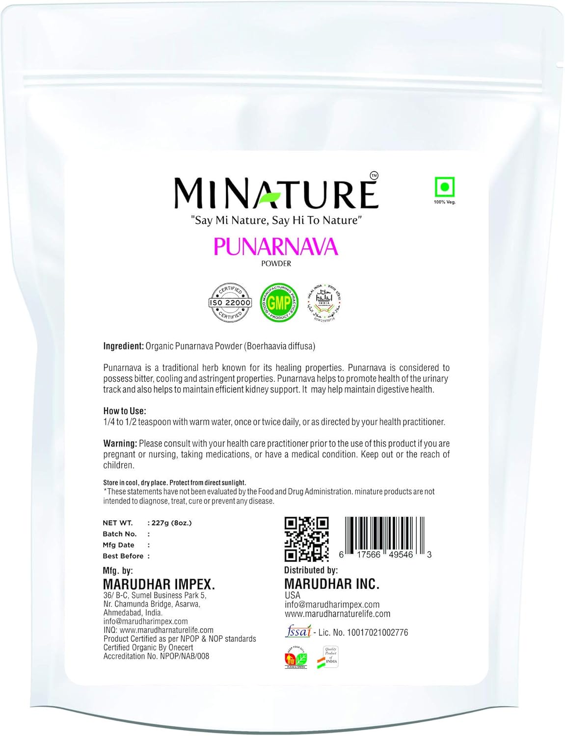 8oz Pure Punarnava Powder (Boerhavia diffusa) for Digestion, Liver & Kidney Health - 100% Natural Diuretic - Vata & Kapha Balance