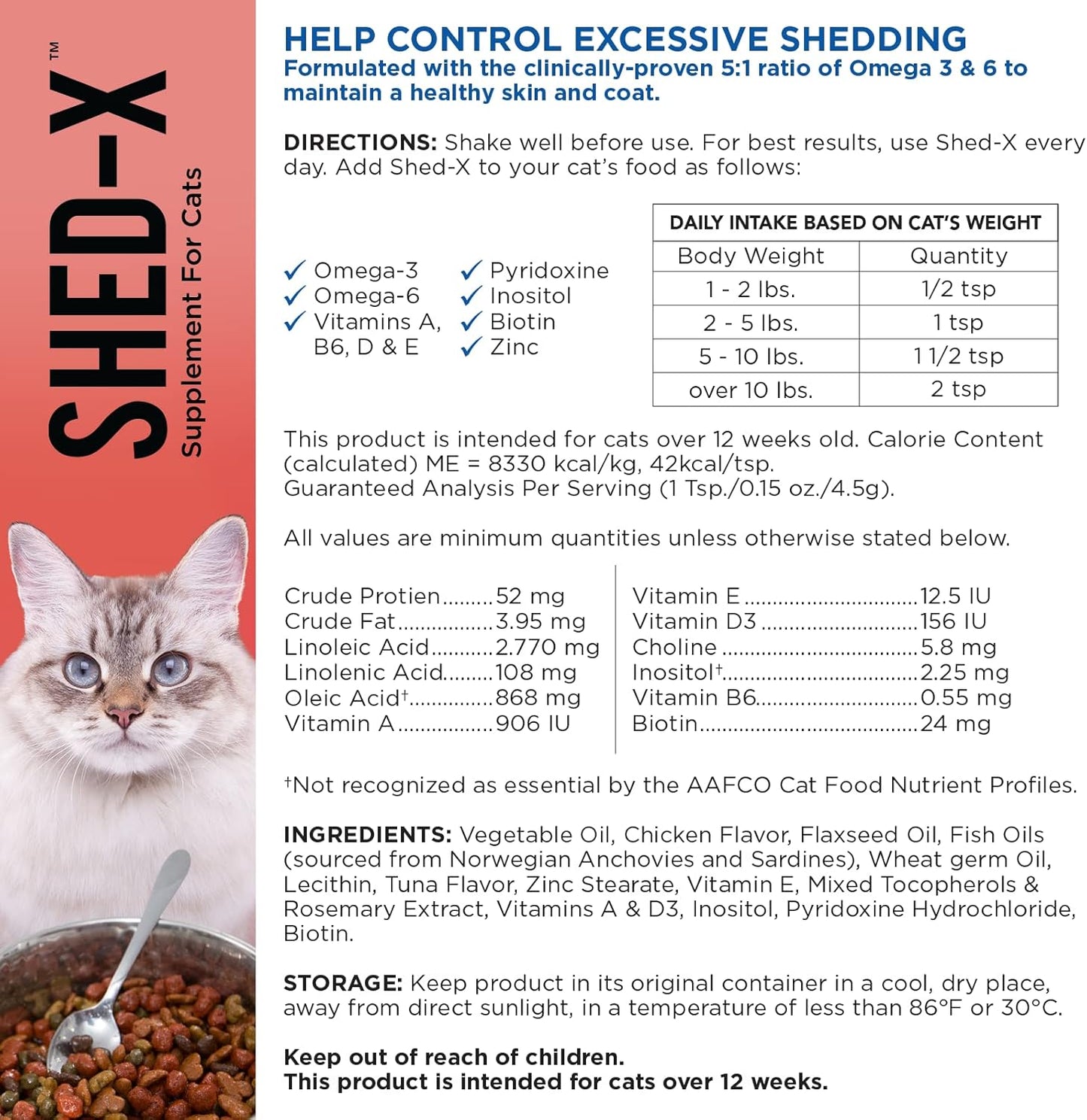 8oz SynergyLabs Shed-X Liquid Cat Supplement - Natural Shed Defender for Cats - Essential Fatty Acids, Vitamins, Minerals - Reduce Excessive Shedding