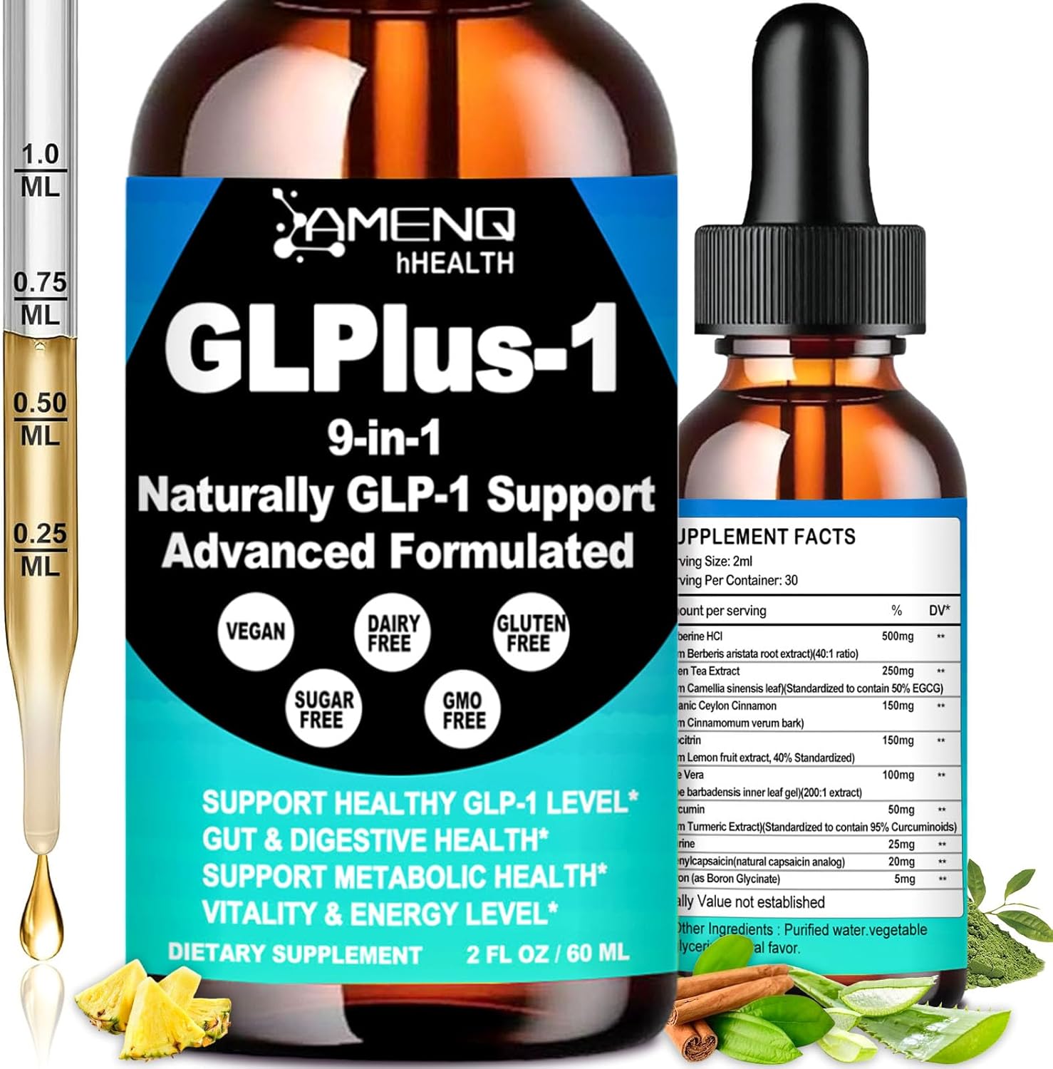 9-in-1 GLP-1 Supplement with Berberine, Ceylon Cinnamon & Green Tea - Gut Digestion & Metabolic Support - 6X Stronger Than Capsules - For Women & Men