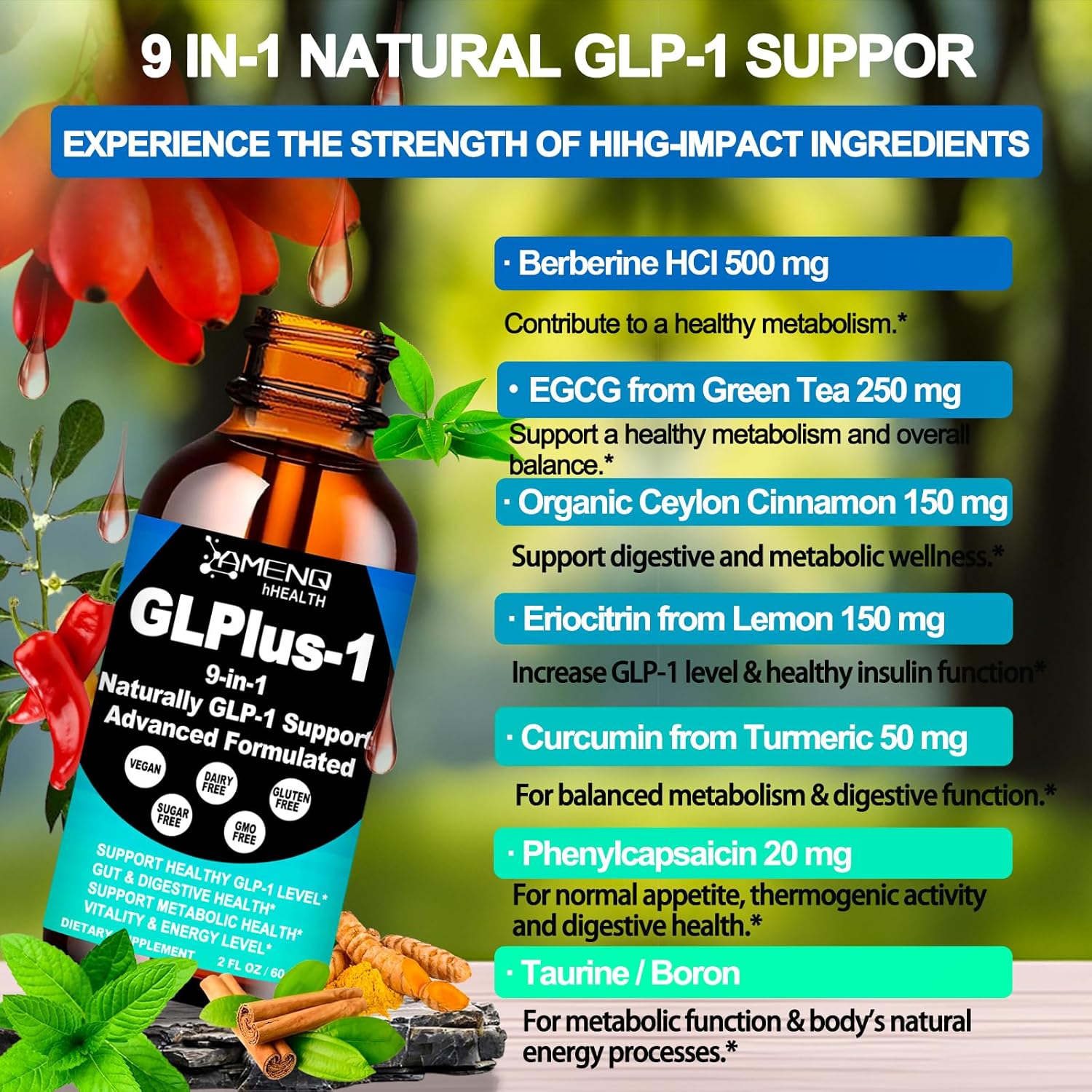 9-in-1 GLP-1 Supplement with Berberine, Ceylon Cinnamon & Green Tea - Gut Digestion & Metabolic Support - 6X Stronger Than Capsules - For Women & Men