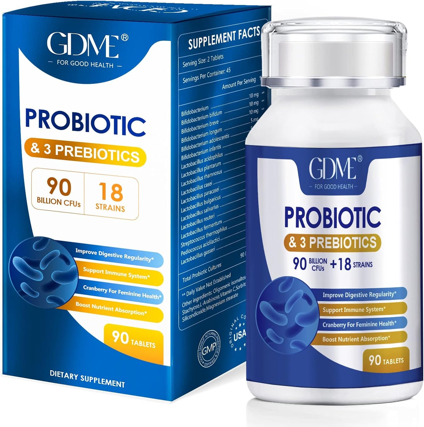 90 Billion CFU Probiotic Supplement with 18 Strains, 3 Prebiotics, Men & Women, Daily Digestive and Immune Support