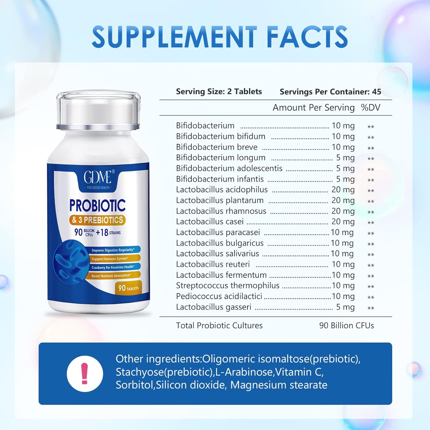 90 Billion CFU Probiotic Supplement with 18 Strains, 3 Prebiotics, Men & Women, Daily Digestive and Immune Support