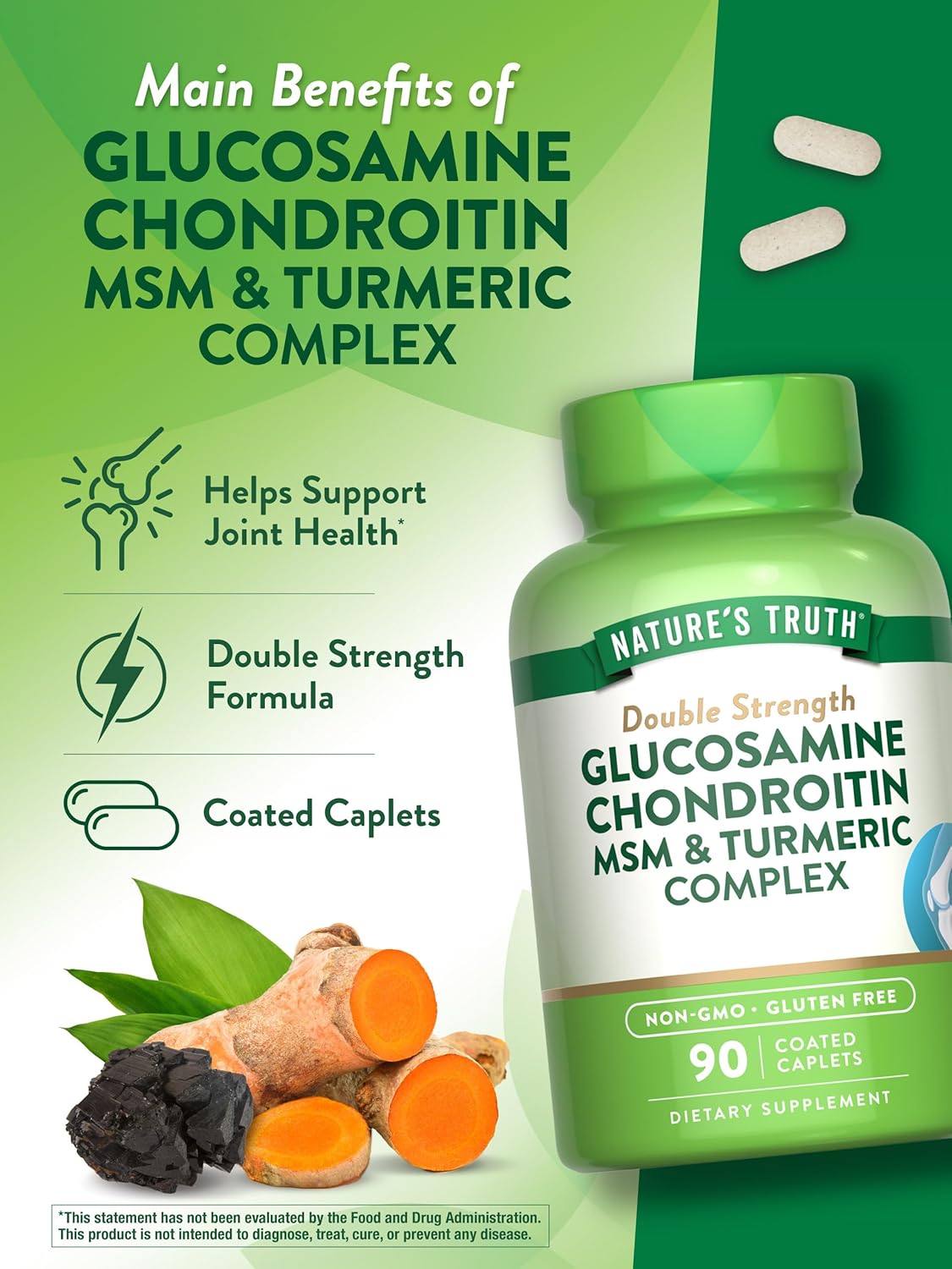 90 Caplets Nature's Truth Glucosamine Chondroitin MSM Complex - Double Strength Non-GMO & Gluten Free Supplement