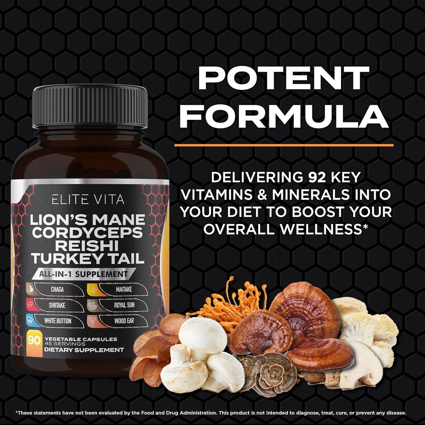 90 Capsules Elite Vita Nootropic Mushroom Blend Supplement for Enhanced Focus and Cognitive Support