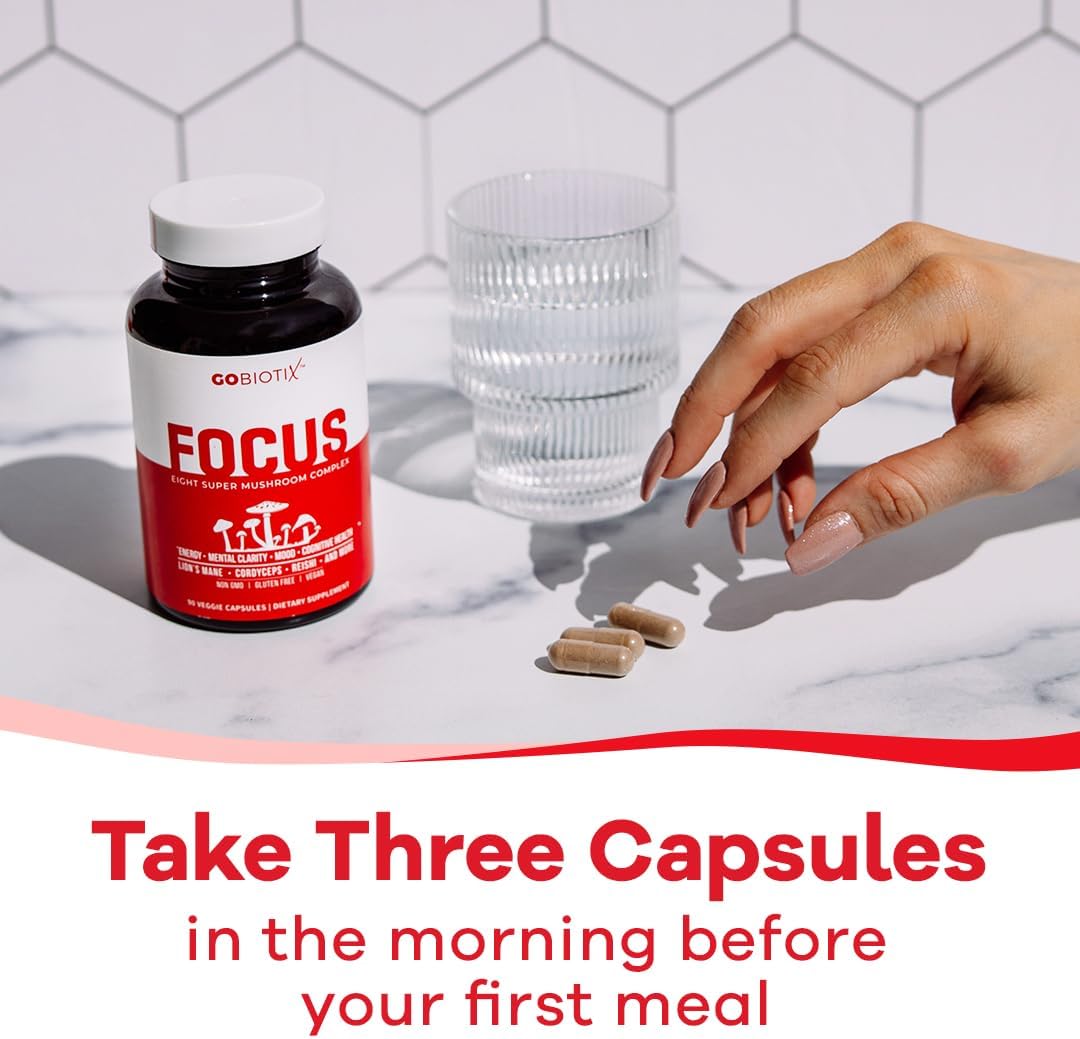 90 Capsules GOBIOTIX Focus Lions Mane Mushroom Complex - Nootropic Adaptogen Vitamins for Memory, Clarity, Energy, Immune Support - Cordyceps, Reishi, Chaga, Maitake