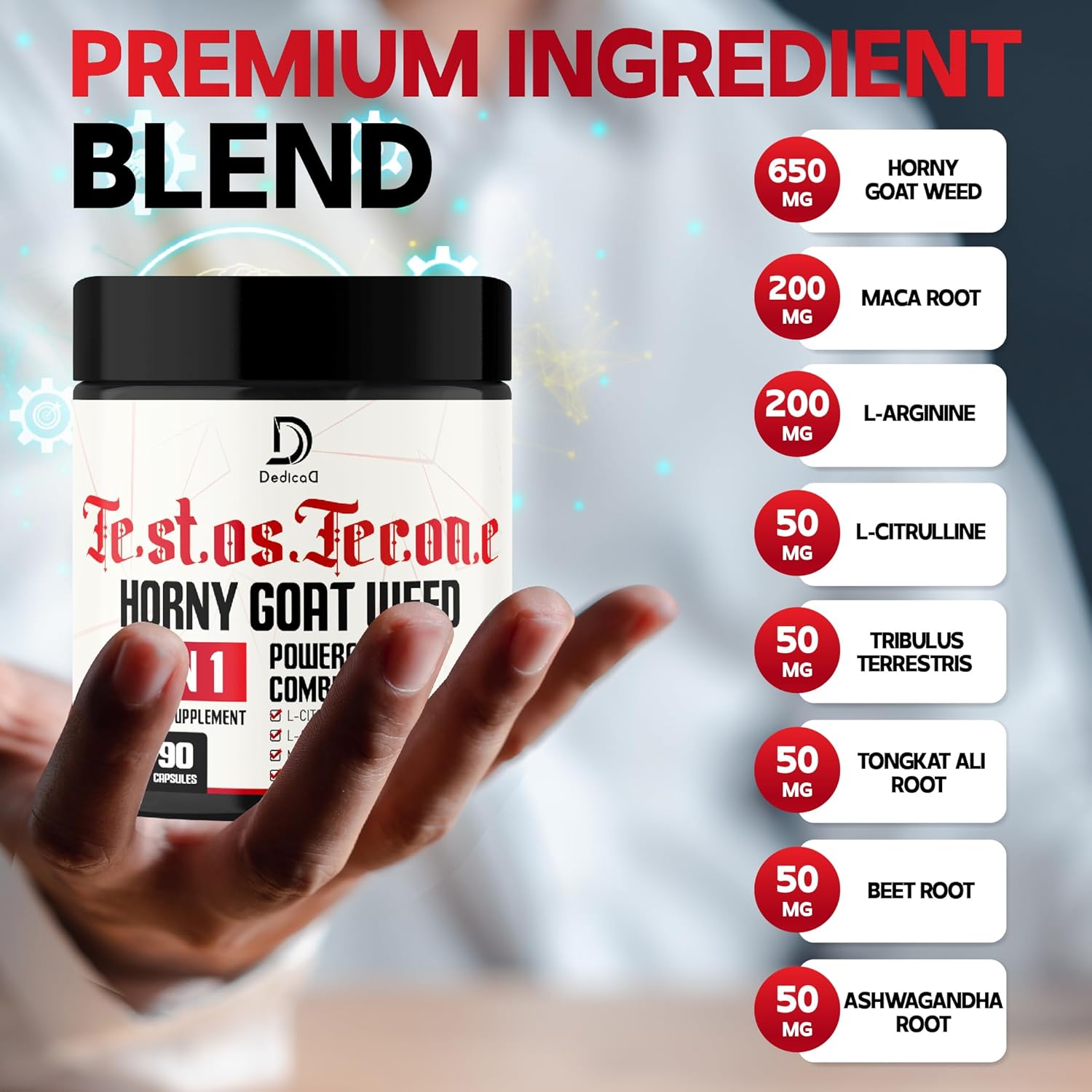 90 Capsules of DEDICAD 8in1 Men's Energy Workout Support with Horny Goat Weed, Tribulus Terrestris, L-Arginine, Maca Root, Tongkat Ali, and Beet Root for Muscle Strength