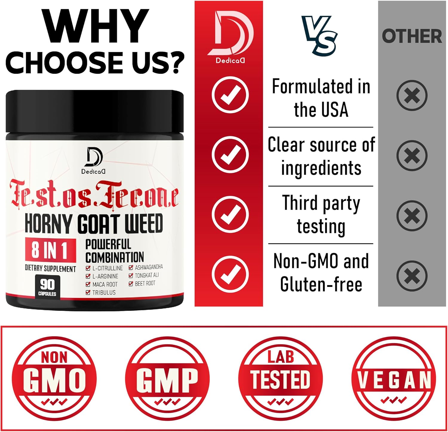 90 Capsules of DEDICAD 8in1 Men's Energy Workout Support with Horny Goat Weed, Tribulus Terrestris, L-Arginine, Maca Root, Tongkat Ali, and Beet Root for Muscle Strength