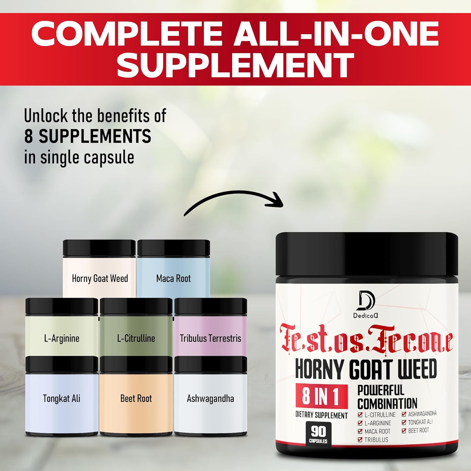 90 Capsules of DEDICAD 8in1 Men's Energy Workout Support with Horny Goat Weed, Tribulus Terrestris, L-Arginine, Maca Root, Tongkat Ali, and Beet Root for Muscle Strength