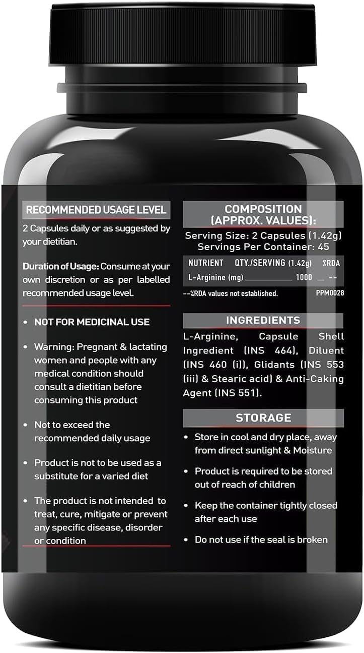 90 Capsules of L-Arginine Supplement for Nitric Oxide Support