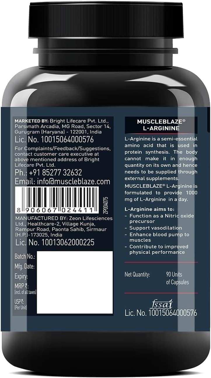 90 Capsules of L-Arginine Supplement for Nitric Oxide Support