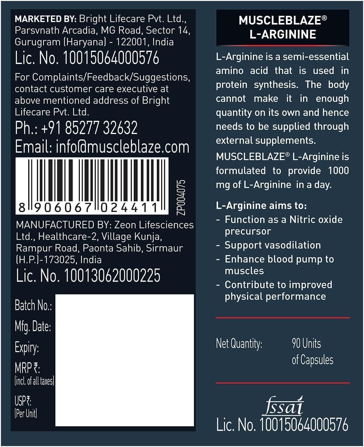 90 Capsules of L-Arginine Supplement for Nitric Oxide Support