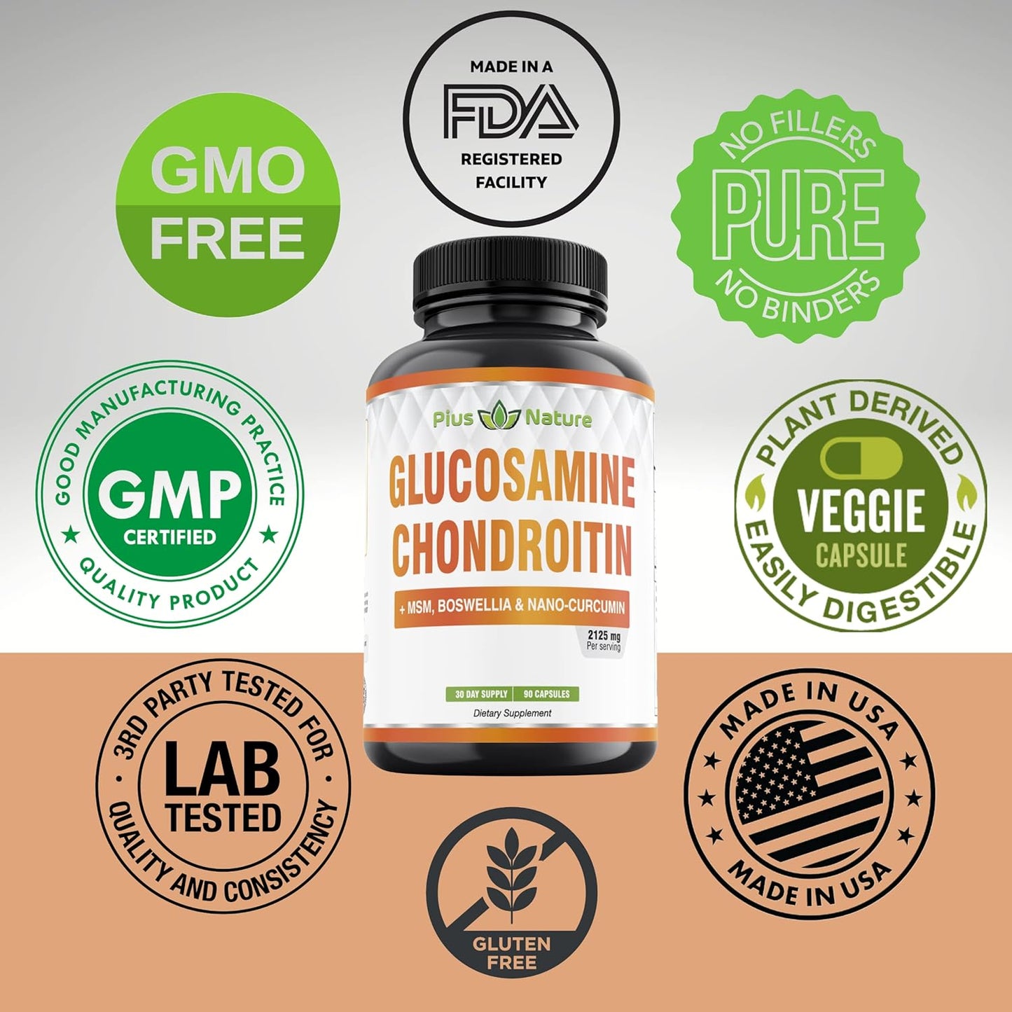 90 Capsules of PIUS NATURE Glucosamine Chondroitin MSM Boswellia Curcumin Bromelain Quercetin - 1 Month Supply