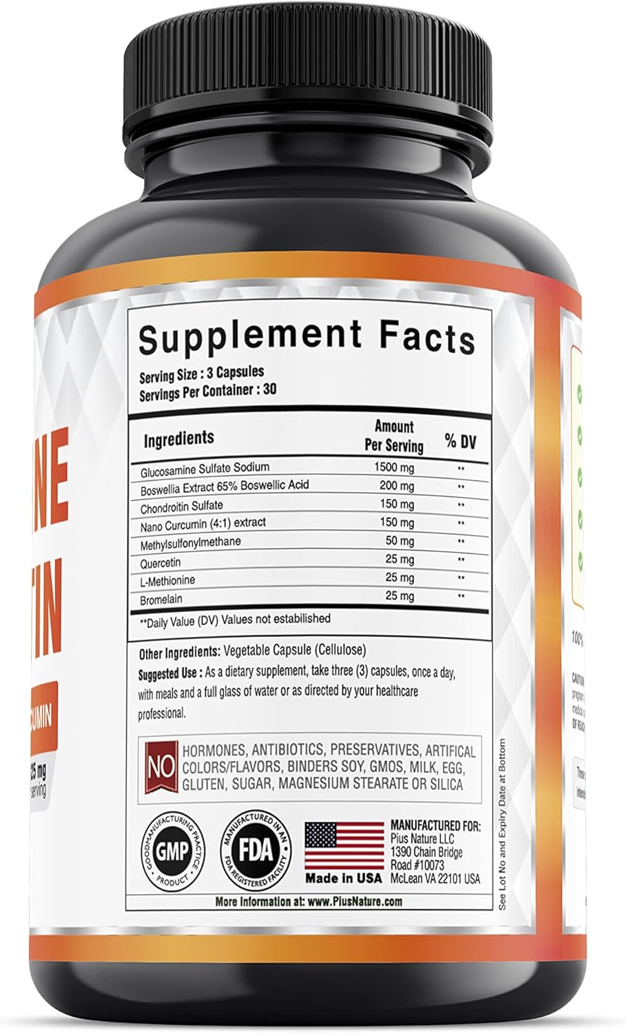 90 Capsules of PIUS NATURE Glucosamine Chondroitin MSM Boswellia Curcumin Bromelain Quercetin - 1 Month Supply