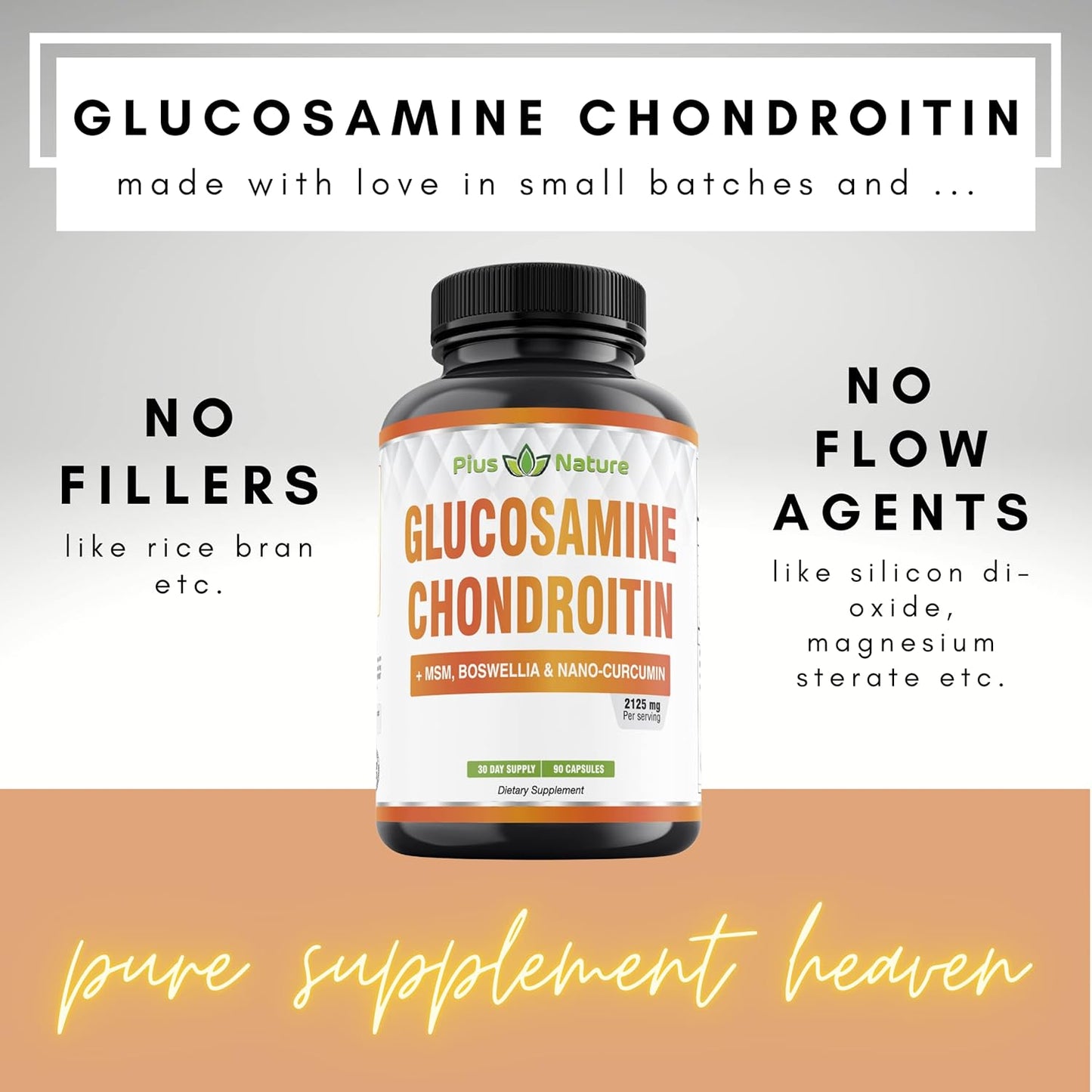 90 Capsules of PIUS NATURE Glucosamine Chondroitin MSM Boswellia Curcumin Bromelain Quercetin - 1 Month Supply