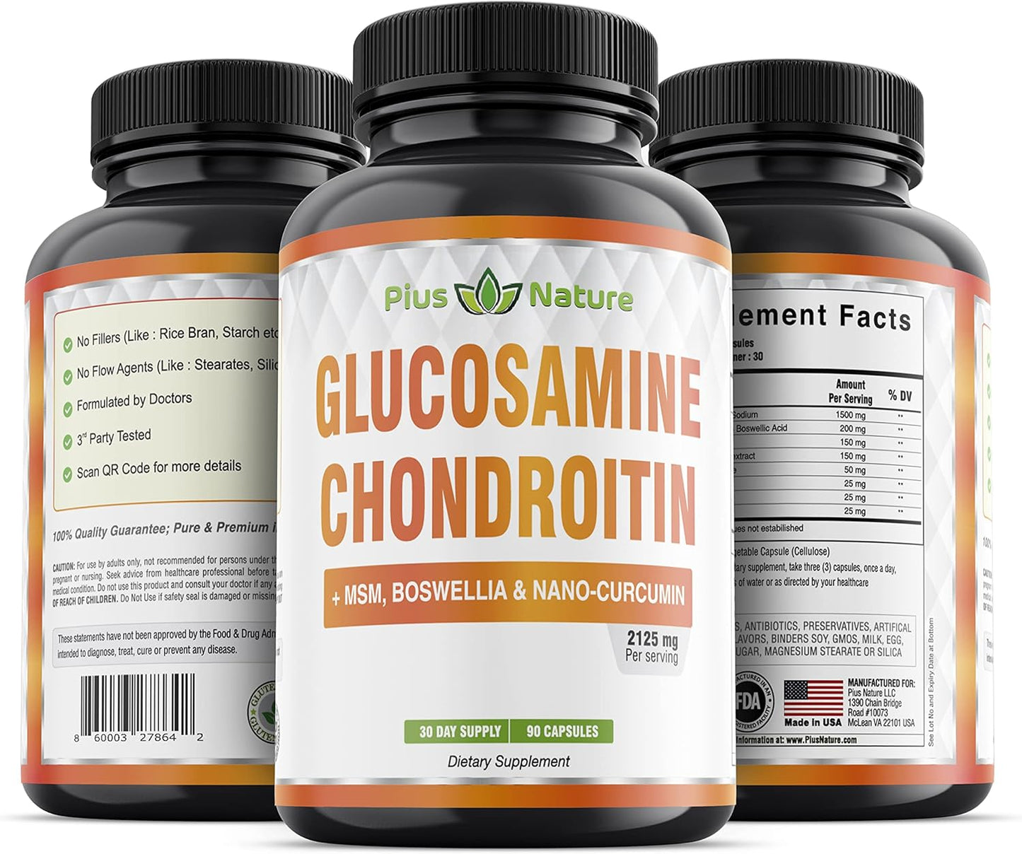 90 Capsules of PIUS NATURE Glucosamine Chondroitin MSM Boswellia Curcumin Bromelain Quercetin - 1 Month Supply