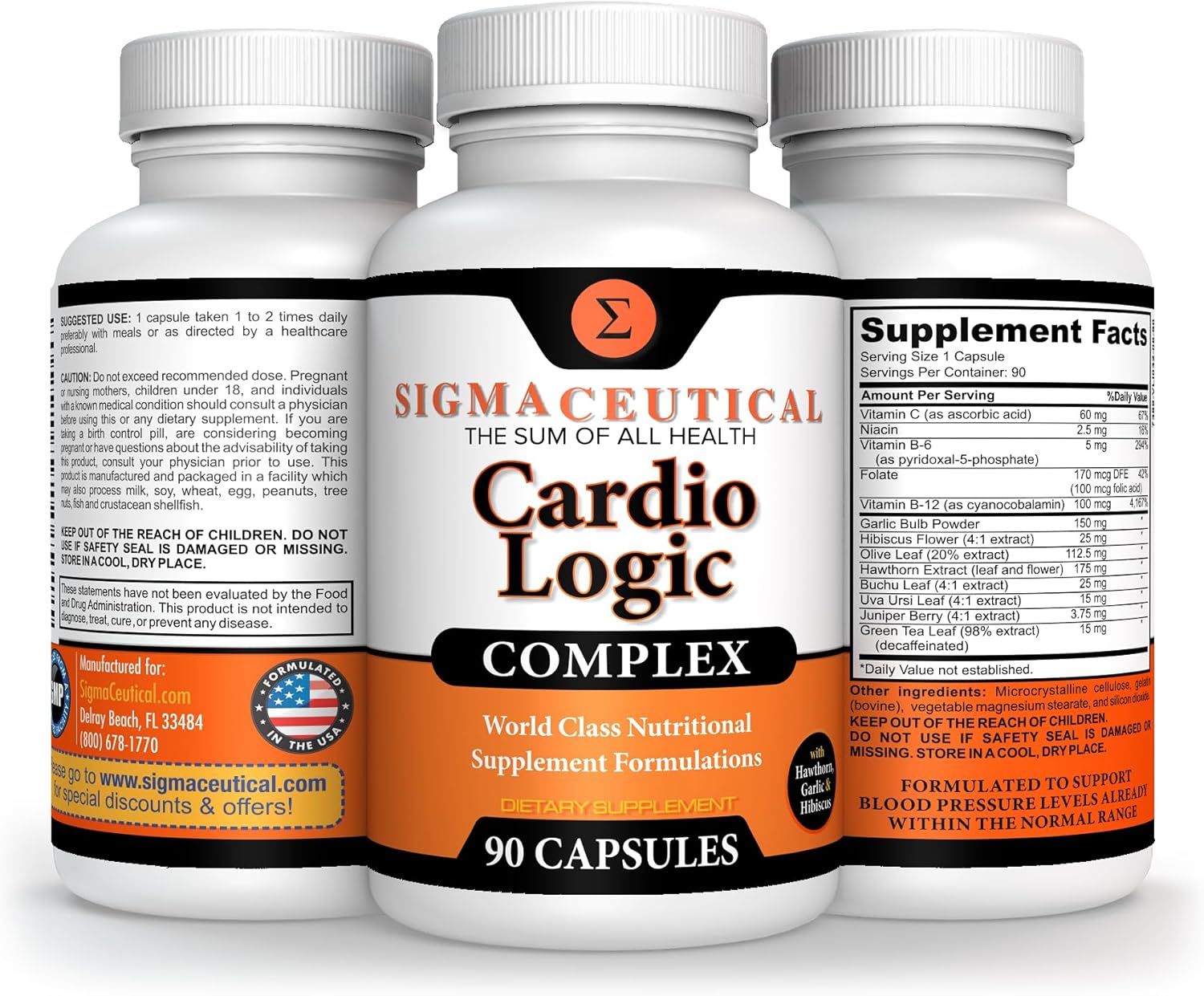 90 Capsules of Sigmaceutical Herbal Supplements - Hawthorn, Olive Leaf, Garlic, and Hibiscus Extracts