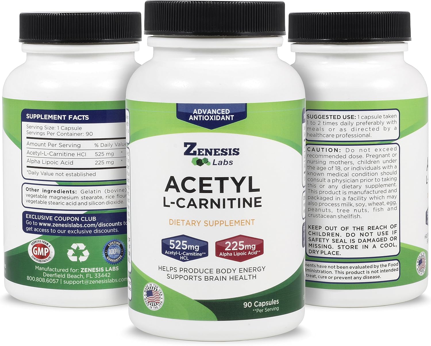 90 Capsules of Zenesis Labs Acetyl L-Carnitine and Alpha Lipoic Acid Supplement for Cognitive Support