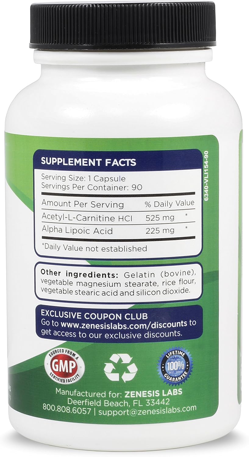 90 Capsules of Zenesis Labs Acetyl L-Carnitine and Alpha Lipoic Acid Supplement for Cognitive Support