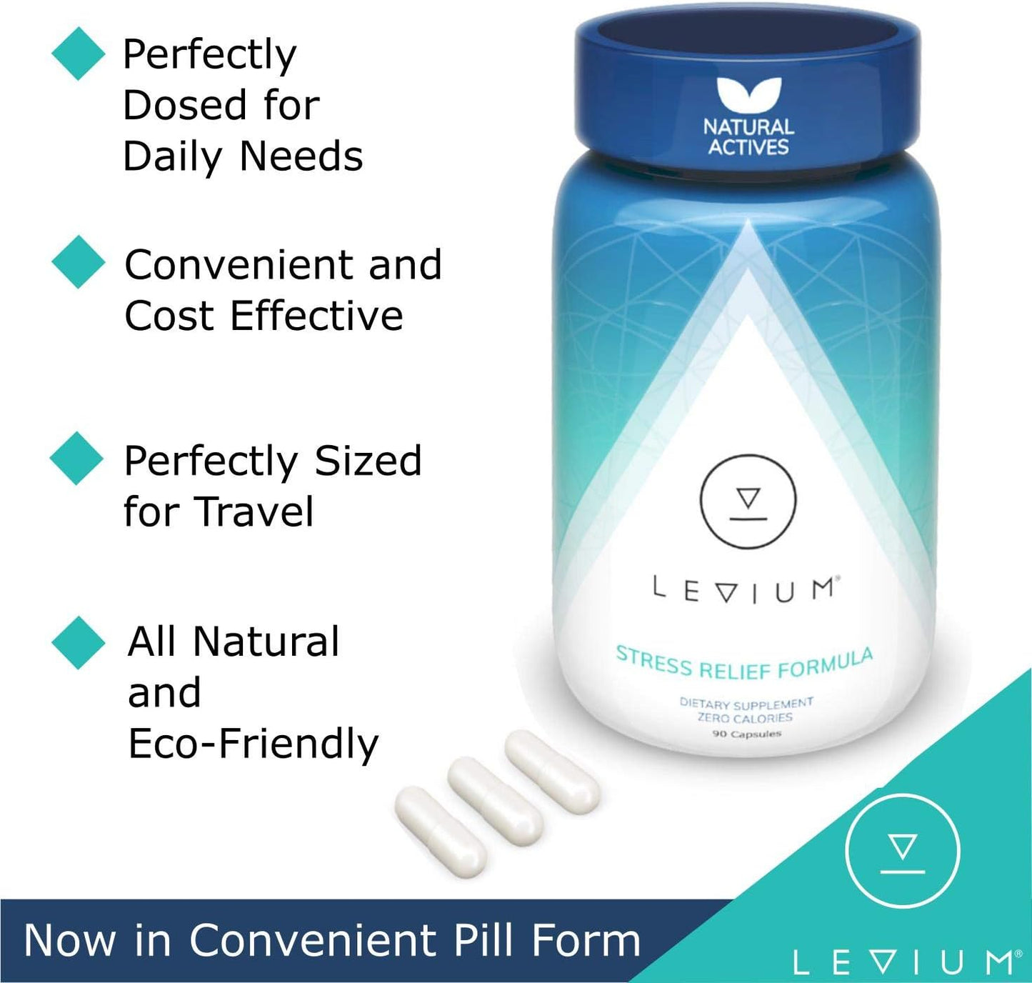 90 Count Bottle of Levium Natural Mood Boosting Capsules for Stress Relief - 30 Day Supply