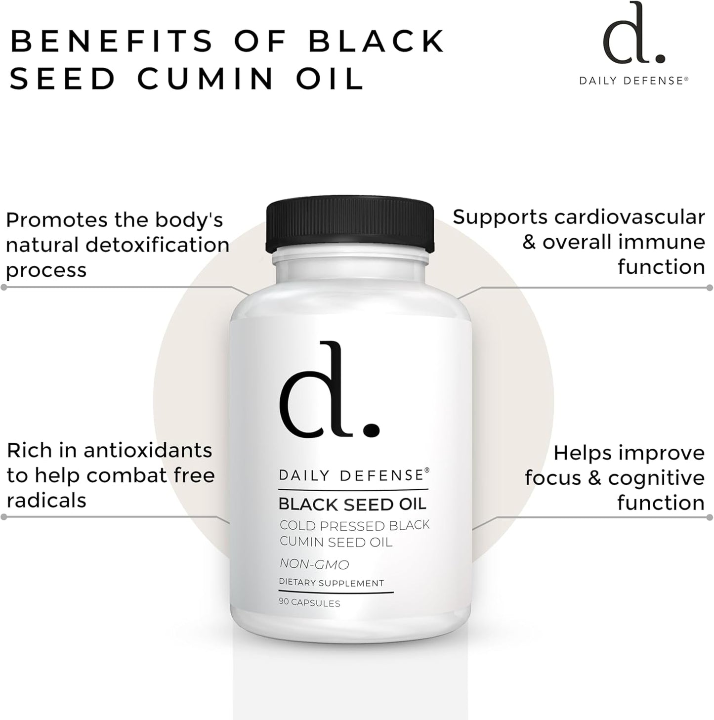 90 Count Daily Defense Black Seed Oil Capsules - Nigella Sativa for Hair, Skin & Immunity - Vegan, Gluten-Free, Non-GMO