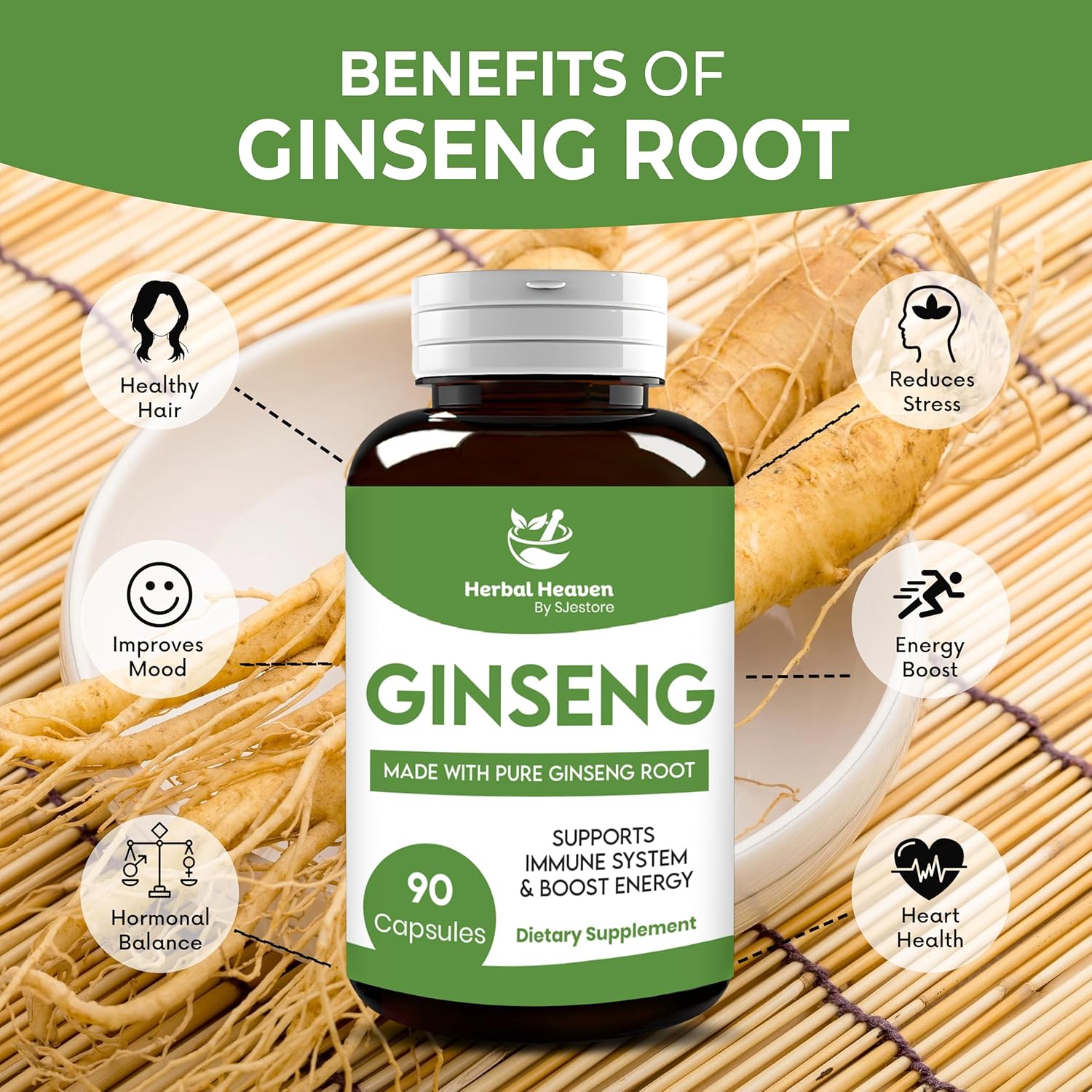 90 Count Herbal Ginseng Capsules for Energy, Focus, and Wellness - Natural Vitality Formula by SJestore