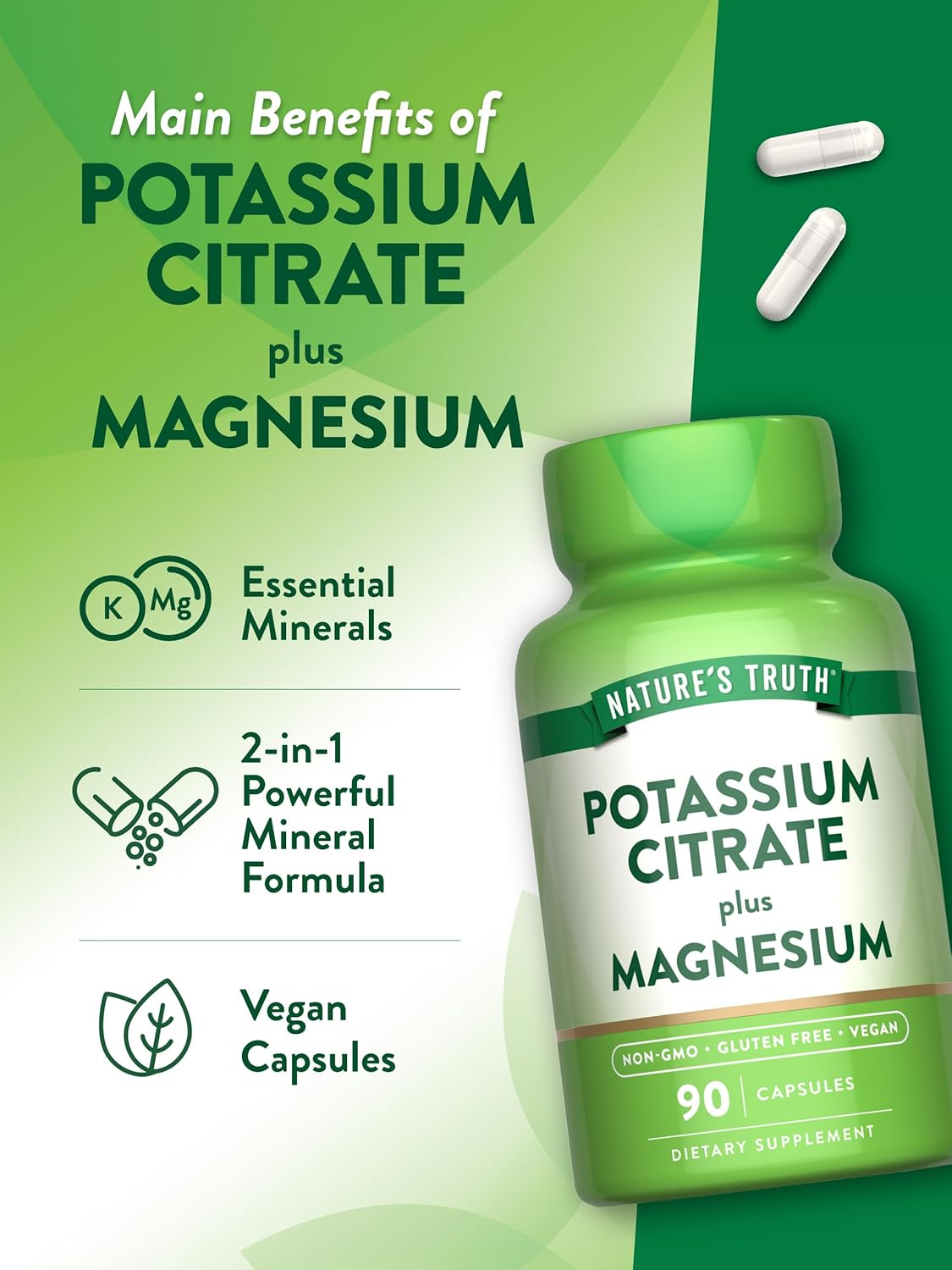90 Count Nature's Truth Potassium Magnesium Citrate Capsules - Vegan, Non-GMO & Gluten Free