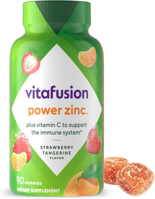 90 Count Vitafusion Power Zinc Gummy Vitamins for Immune Support, Strawberry Tangerine Flavor