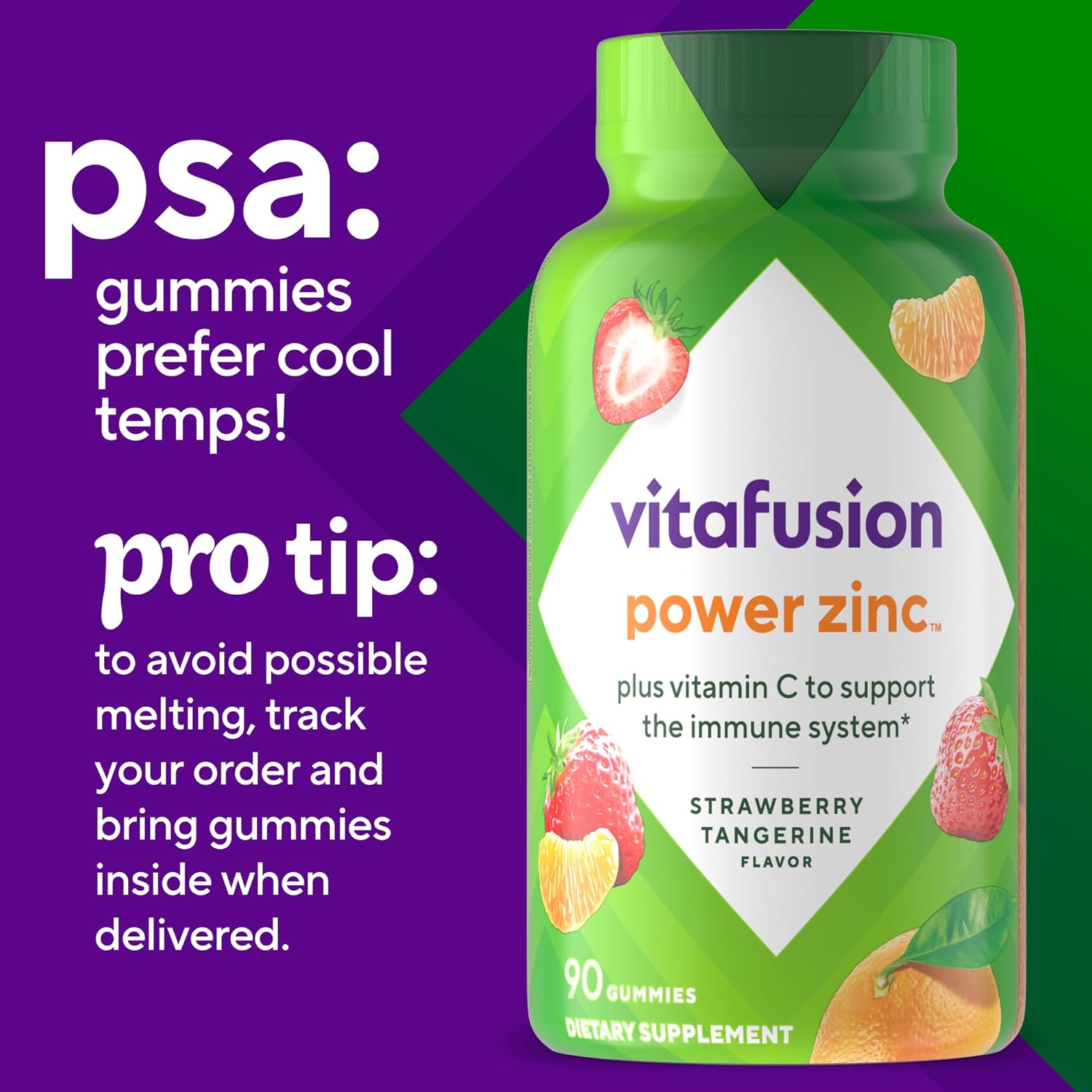 90 Count Vitafusion Power Zinc Gummy Vitamins for Immune Support, Strawberry Tangerine Flavor