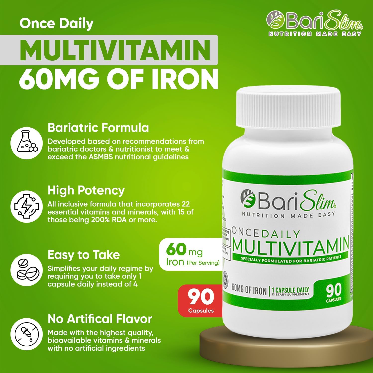 90 Day Supply of BariSlim Once Daily Bariatric Multivitamin Capsules with 60mg Iron - Post Bariatric Surgery Vitamin & Supplement for Gastric Bypass & Sleeve