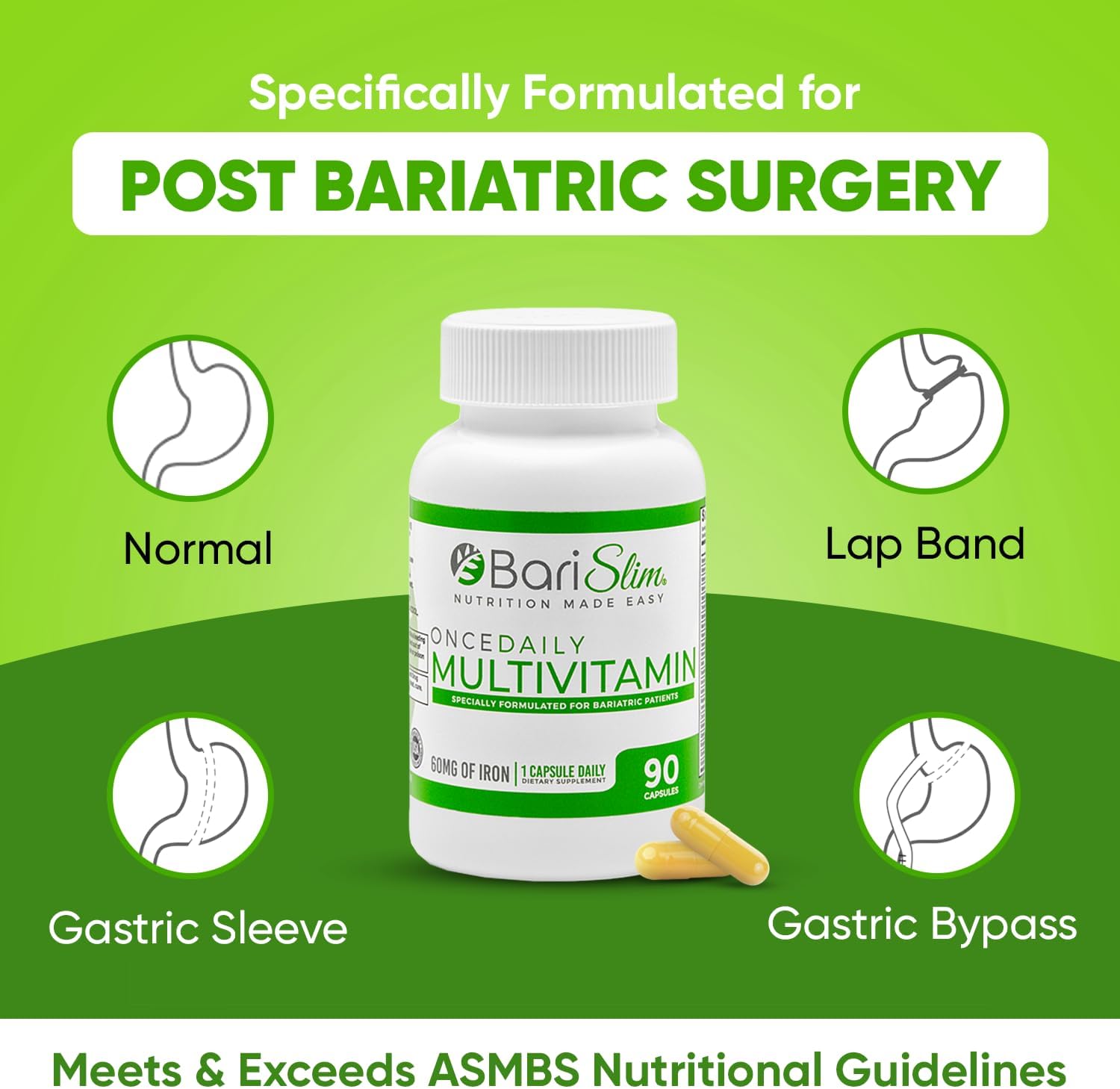 90 Day Supply of BariSlim Once Daily Bariatric Multivitamin Capsules with 60mg Iron - Post Bariatric Surgery Vitamin & Supplement for Gastric Bypass & Sleeve