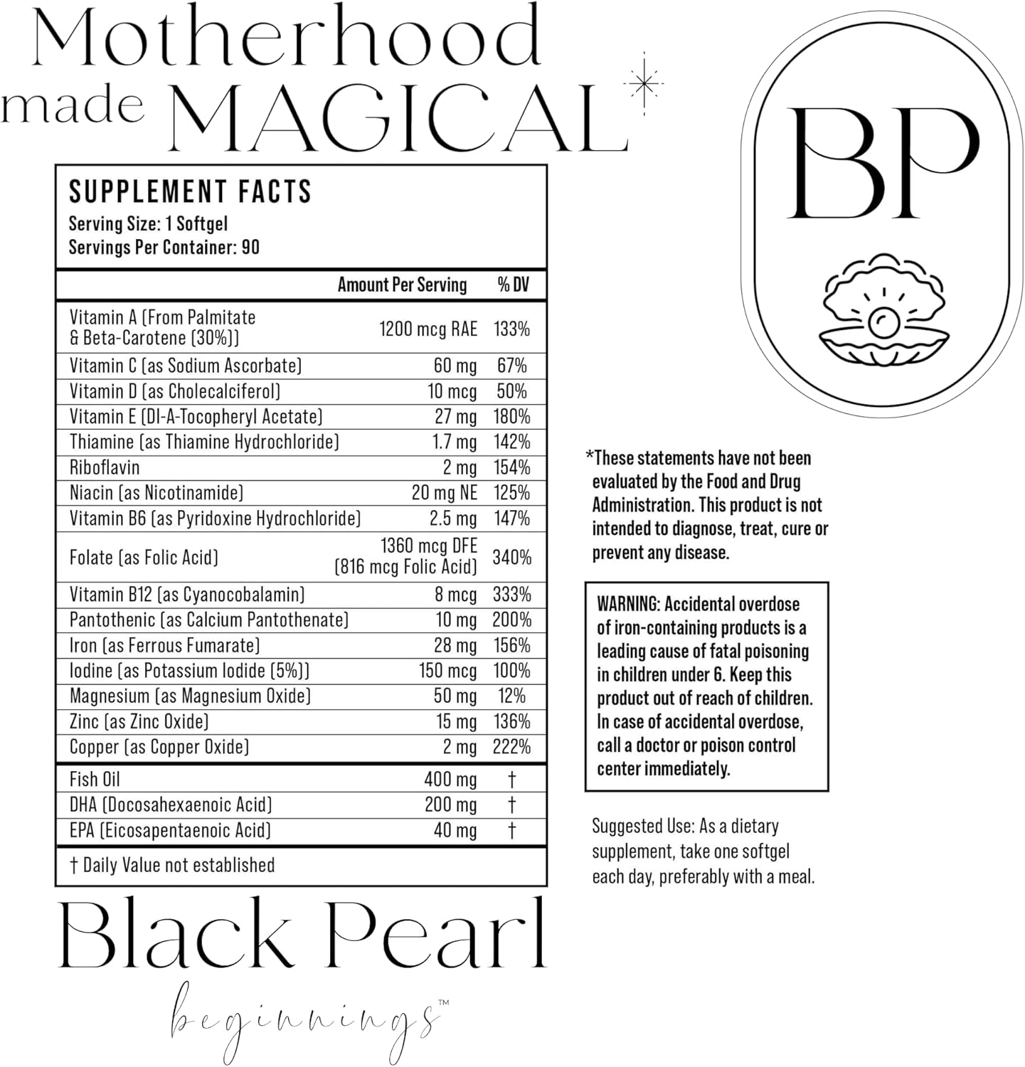 90-Day Supply of Black Pearl Beginnings Prenatal Vitamins with Folic Acid, Iron, and Fish Oil - 90 Soft Gels