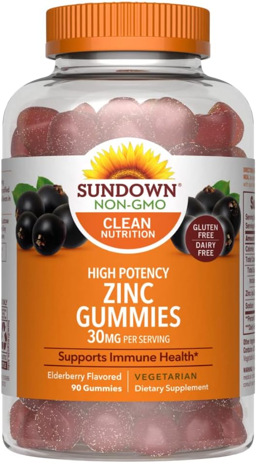 90 Elderberry Flavored Sundown High Potency Zinc Gummies - 30mg for Immune System Support