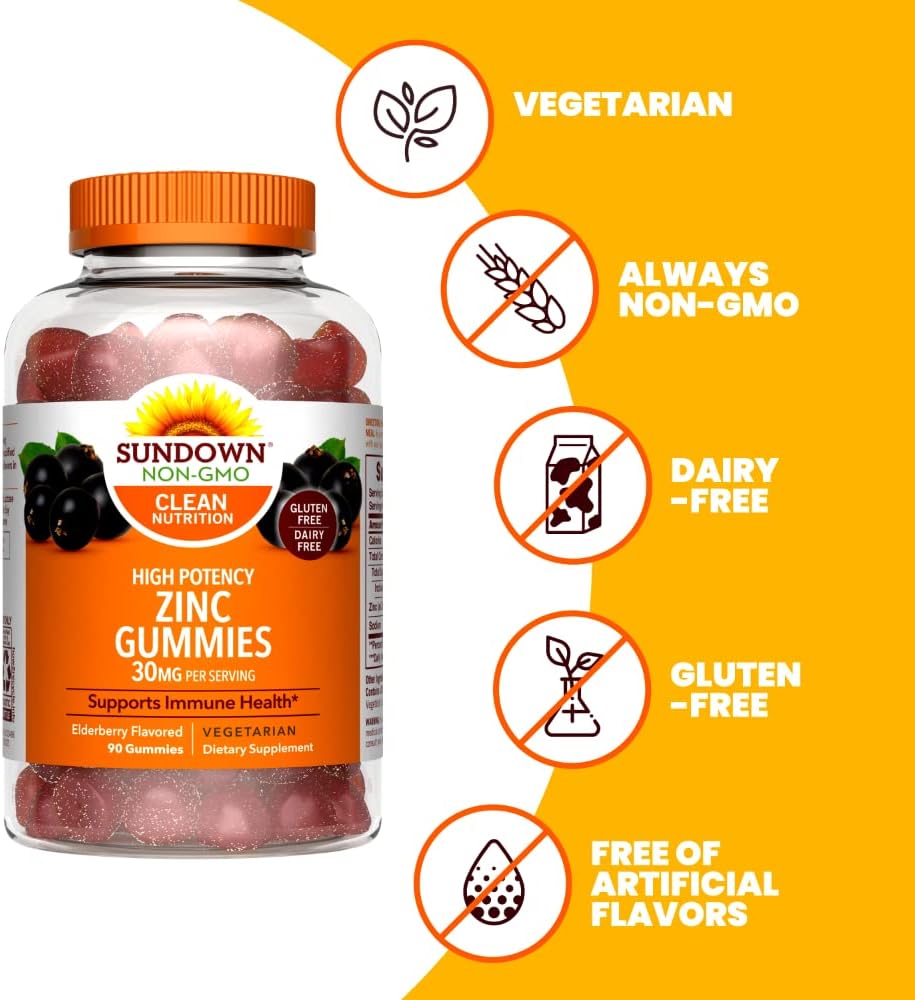 90 Elderberry Flavored Sundown High Potency Zinc Gummies - 30mg for Immune System Support