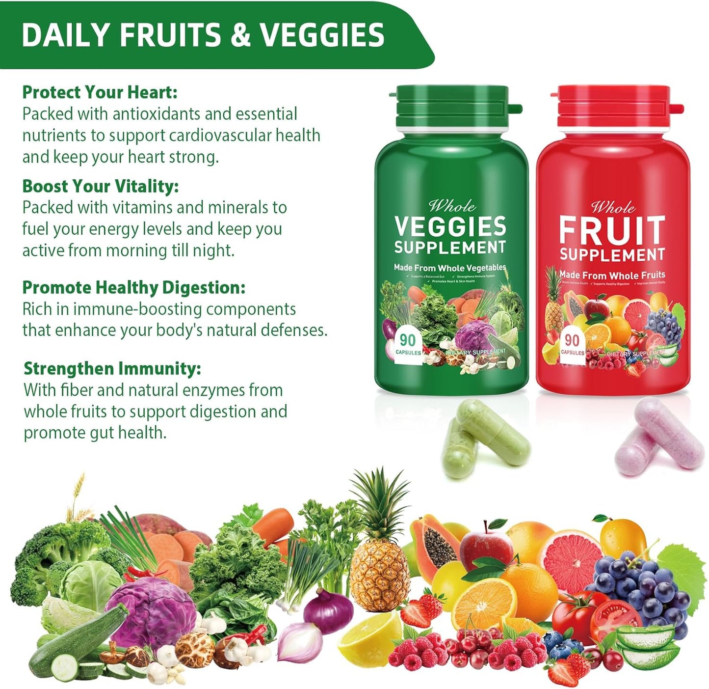 90 Fruit & 90 Vegetables High Fiber Supplement for Immunity, Gut Health, and Energy - Vegan Superfood Formula