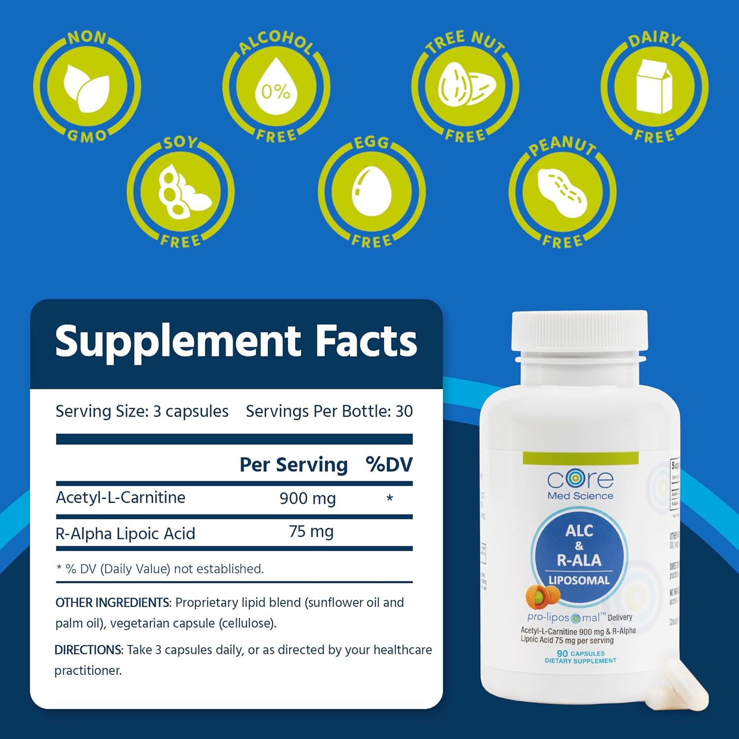 90 Liposomal ALC & R-ALA Supplement Capsules - Acetyl-L-Carnitine (900mg) & R-Alpha Lipoic Acid (75mg) - Boost Energy & Focus - Enhance Mental Function & Memory (90 Count)
