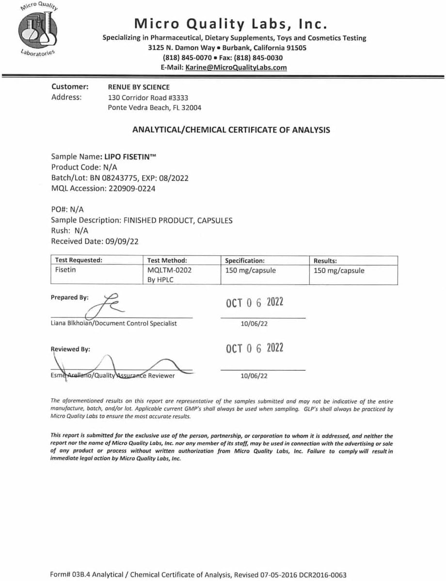 90 Liposomal Fisetin Supplements - 150mg Fisetin per Serving | Senolytic Formula for Enhanced Absorption | Non-GMO USA Made