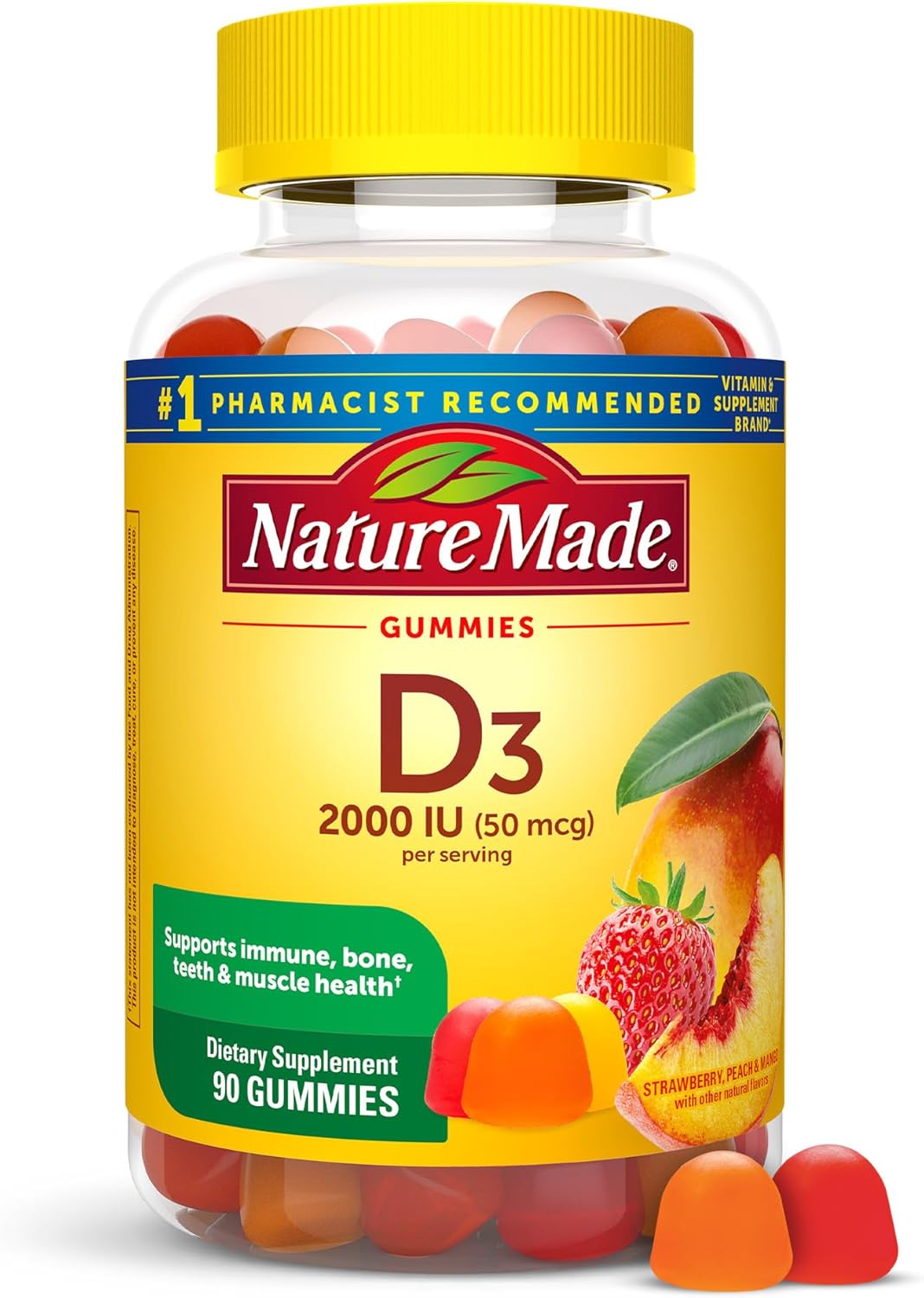 90 Nature Made Vitamin D3 Gummies for Bone, Teeth, Muscle, and Immune Health Support - 2000 IU per Serving, 45 Day Supply