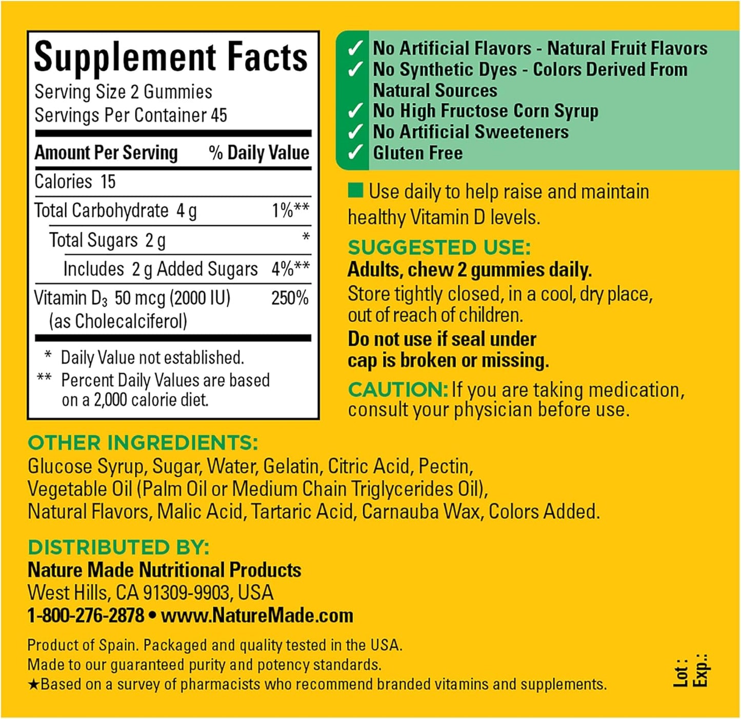 90 Nature Made Vitamin D3 Gummies for Bone, Teeth, Muscle, and Immune Health Support - 2000 IU per Serving, 45 Day Supply