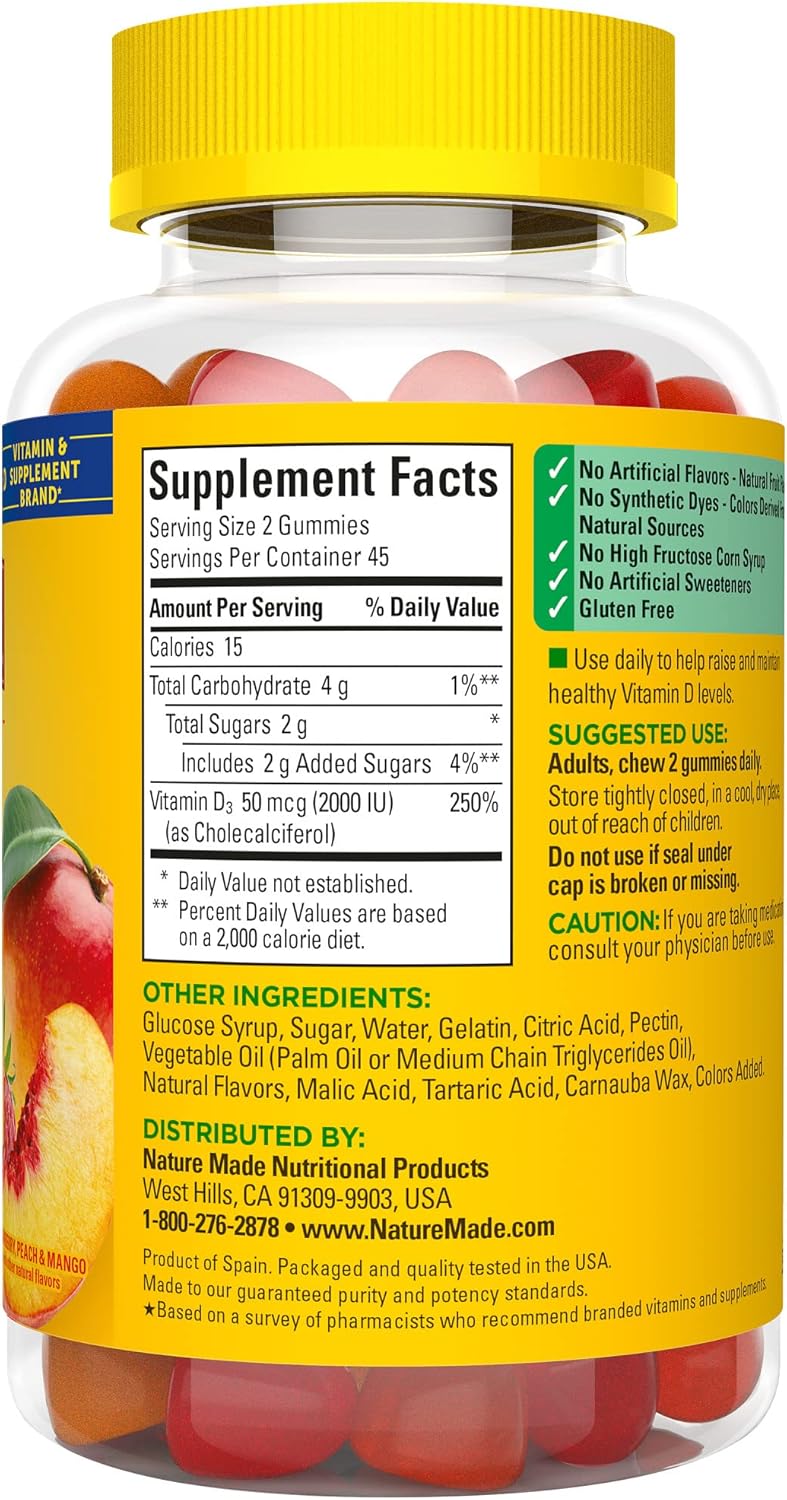 90 Nature Made Vitamin D3 Gummies for Bone, Teeth, Muscle, and Immune Health Support - 2000 IU per Serving, 45 Day Supply