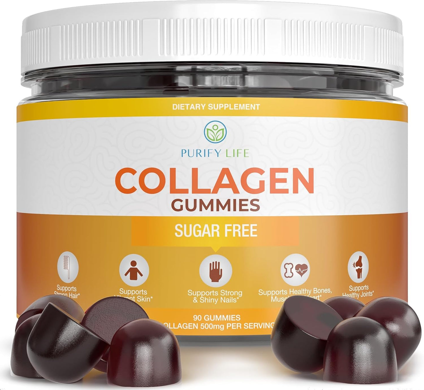 90 Potent 500mg Sugar-Free Marine Collagen Gummies for Hair, Skin, Nails - Orange Flavor, Gluten Free & Non-GMO