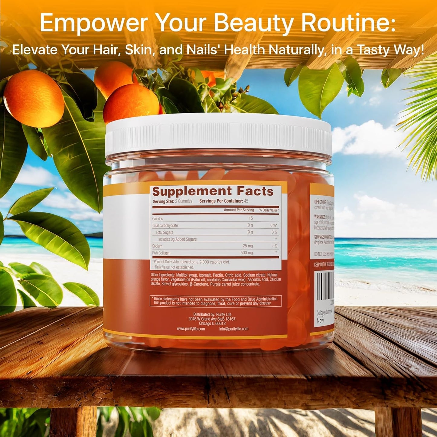 90 Potent 500mg Sugar-Free Marine Collagen Gummies for Hair, Skin, Nails - Orange Flavor, Gluten Free & Non-GMO